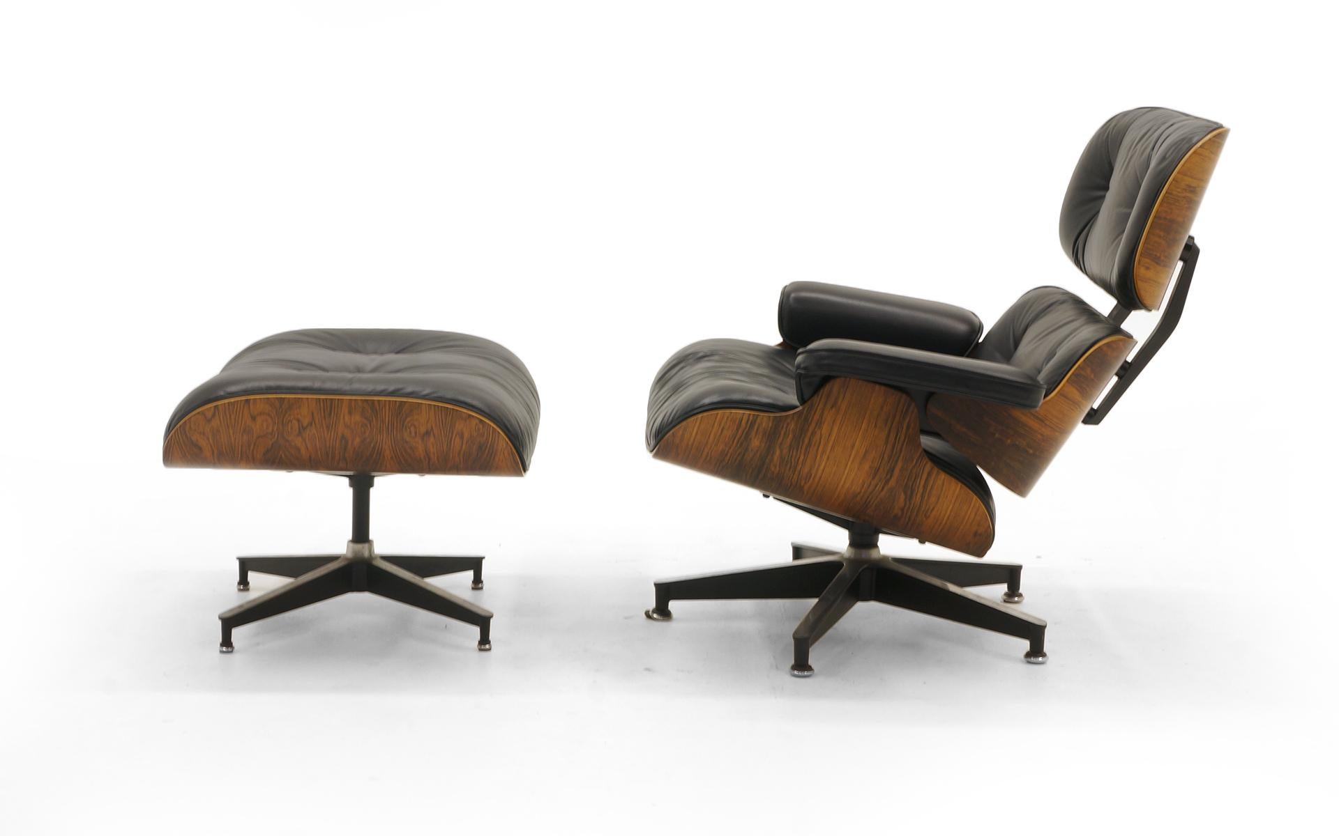 Beautiful original example of the Classic Charles and Ray Eames lounge chair and ottoman for Herman Miller. Brazilian rosewood and black leather. The original leather has been professionally restored. This is a great example from the 1970s.
