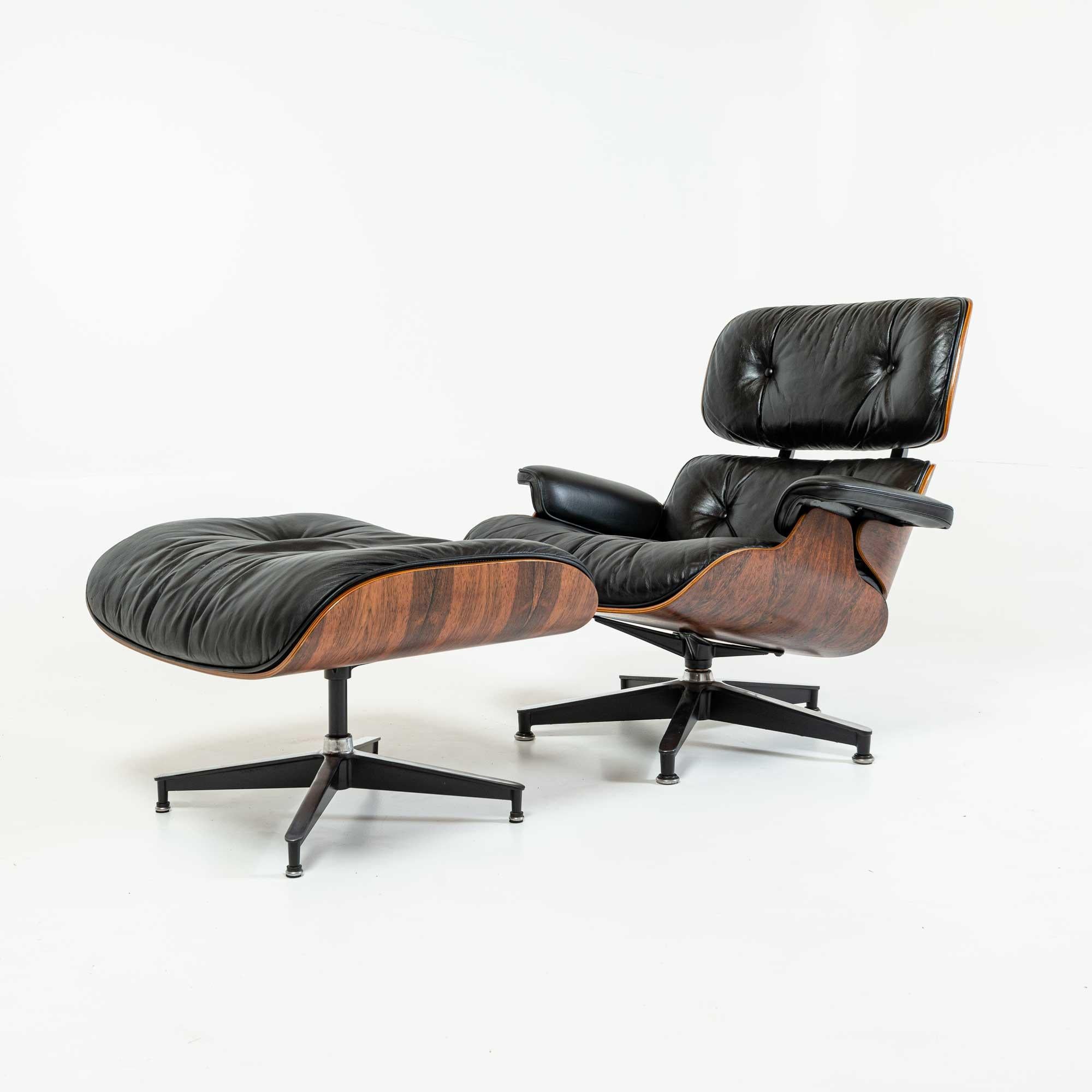 Mid-Century Modern Eames Lounge Chair and Ottoman 670/671 Third Gen Rosewood Restored Black Leather