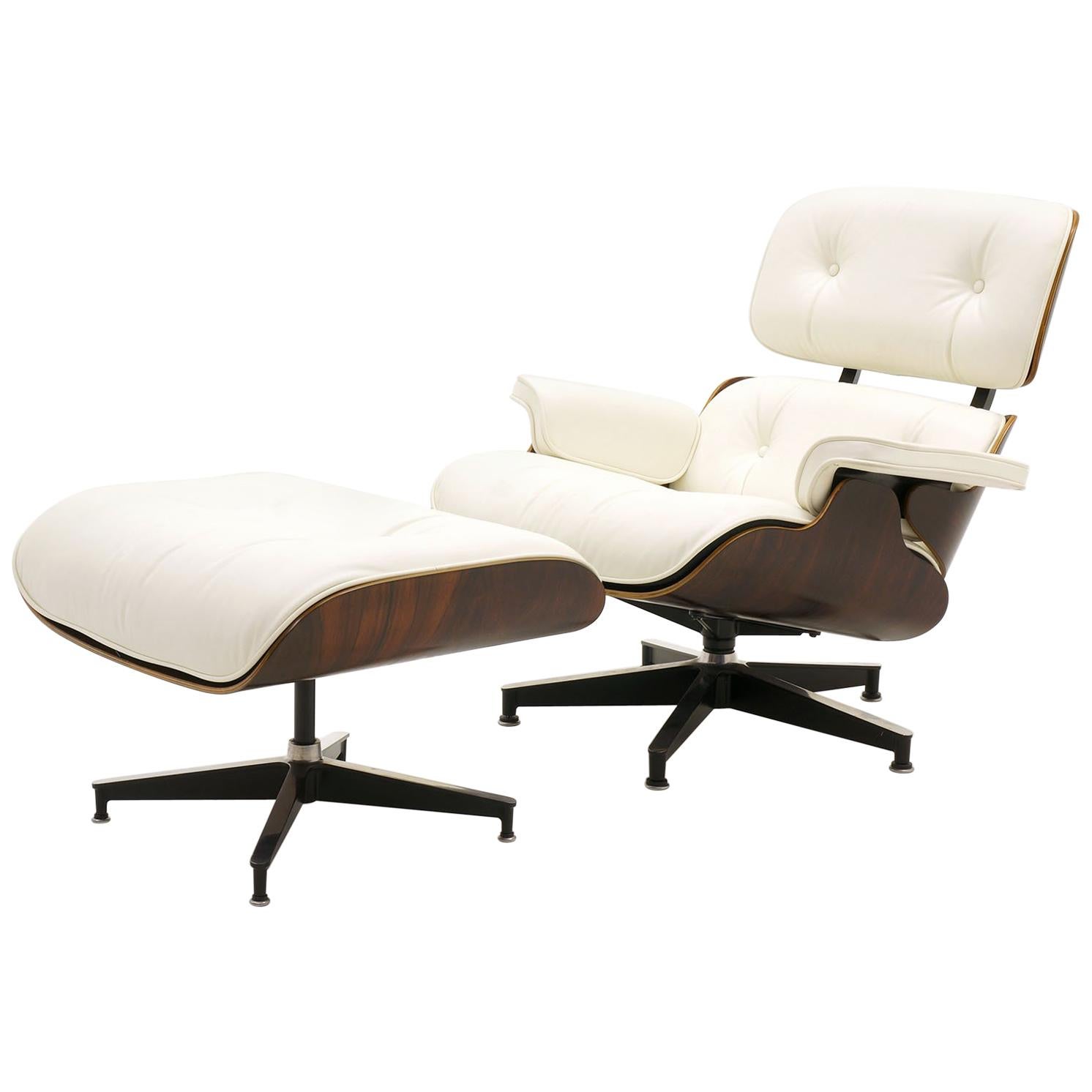 Eames Lounge Chair and Ottoman, Early Rosewood, New Herman Miller White Leather
