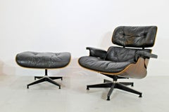 Chaise Longue et Pouf Eames, Herman Miller 1970, Cuir Noir et Bois de Rose
