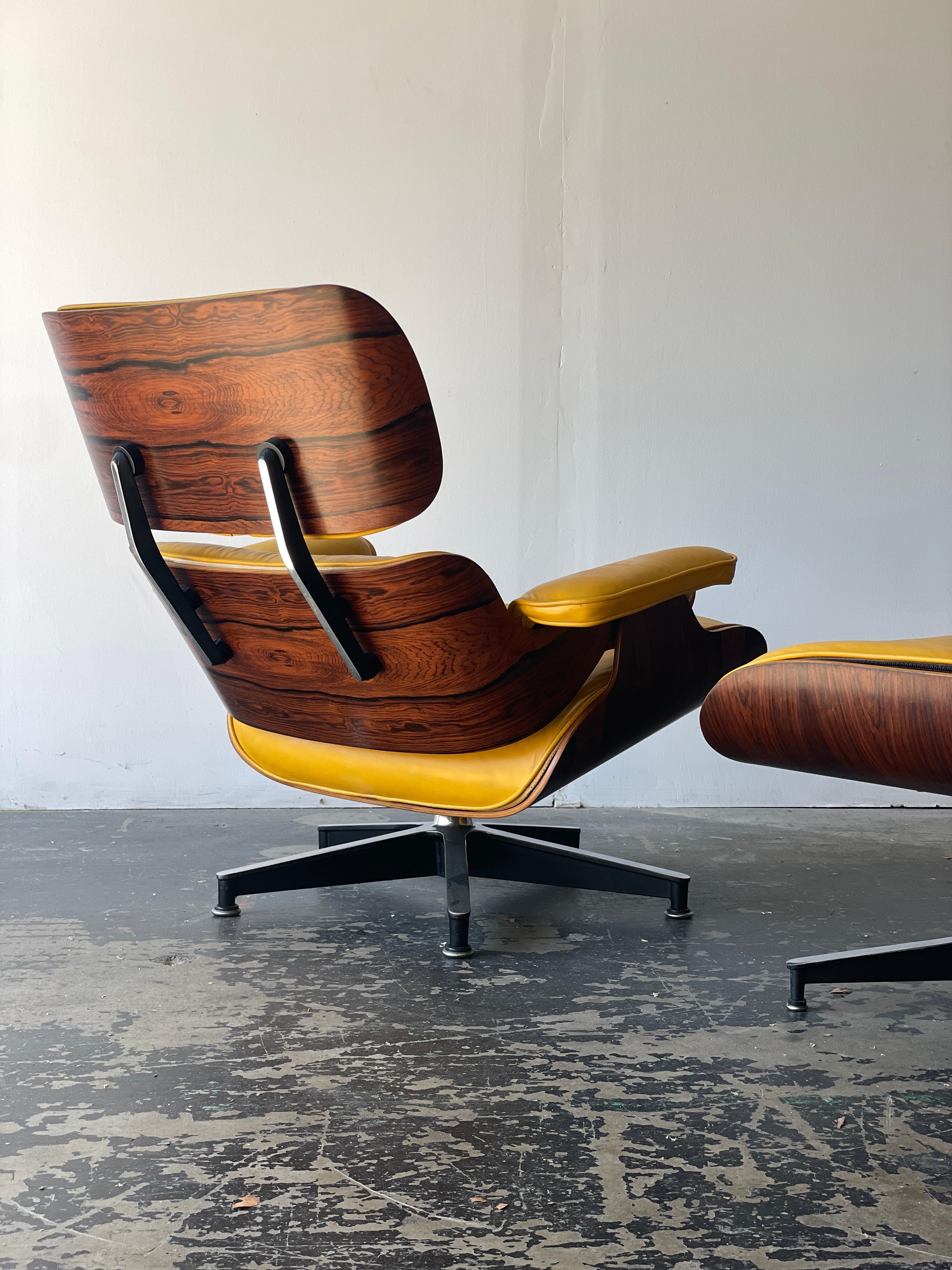 American Eames Lounge Chair and Ottoman in Original Yellow and Rosewood, 3rd Generation