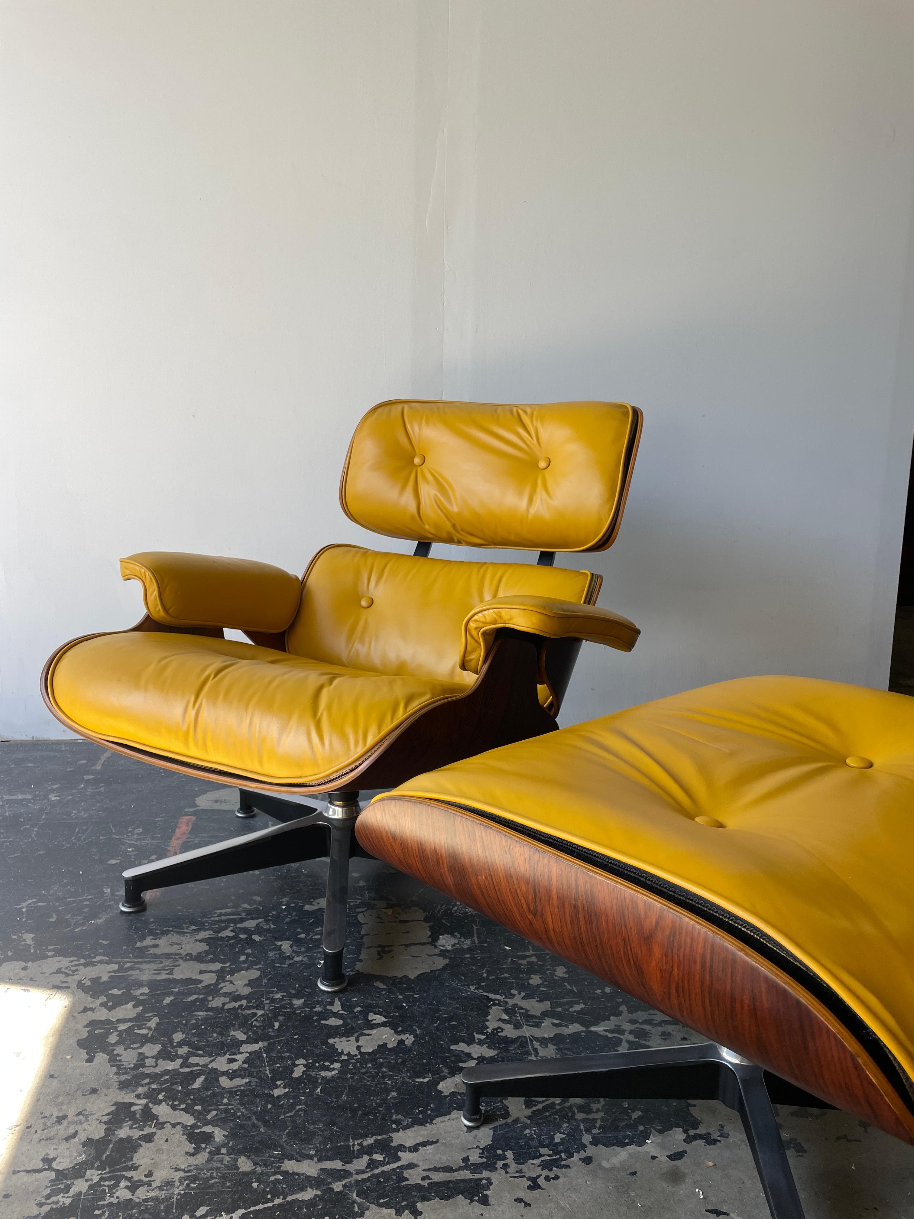Mid-20th Century Eames Lounge Chair and Ottoman in Original Yellow and Rosewood, 3rd Generation