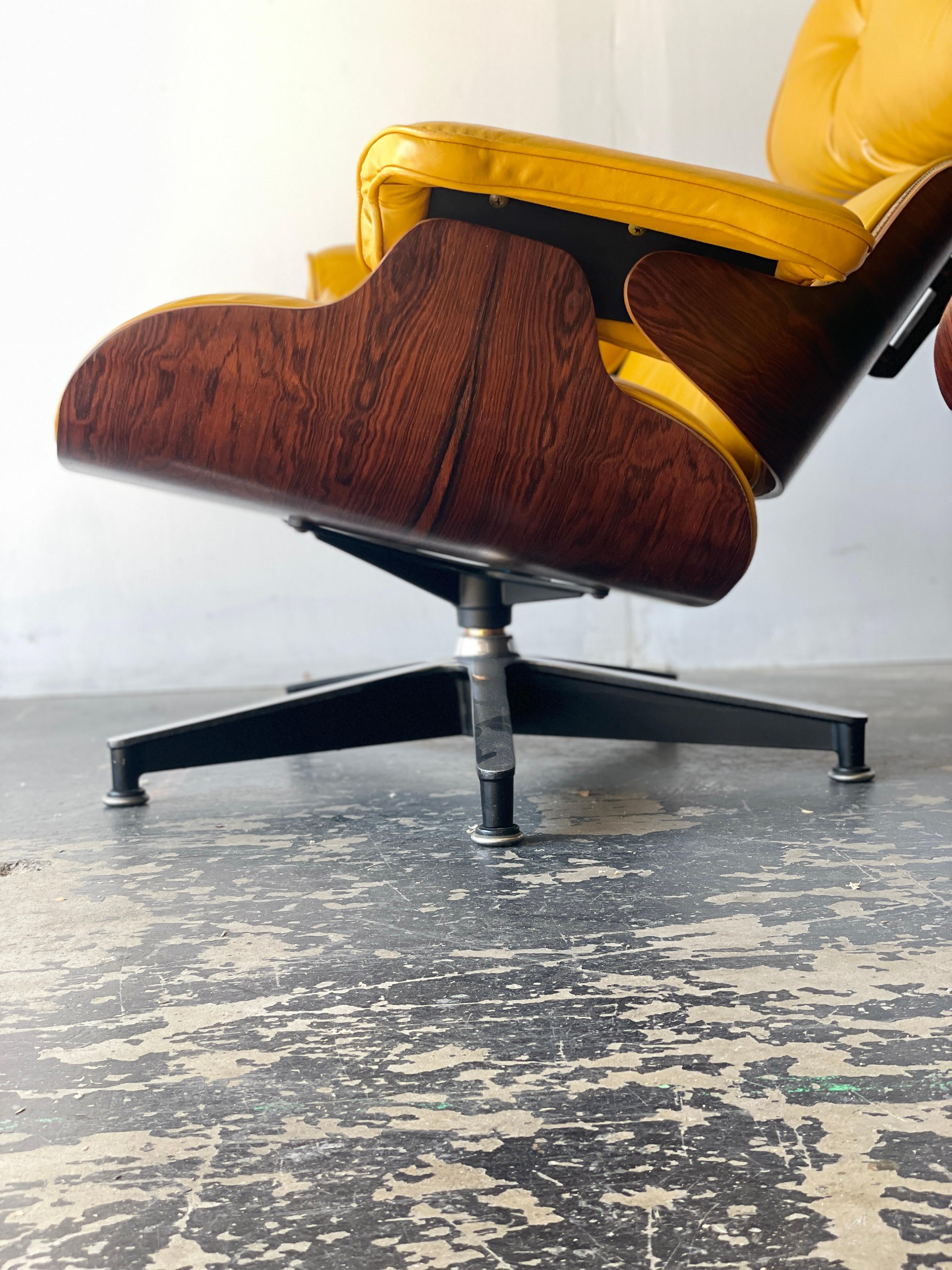 Aluminum Eames Lounge Chair and Ottoman in Original Yellow and Rosewood, 3rd Generation