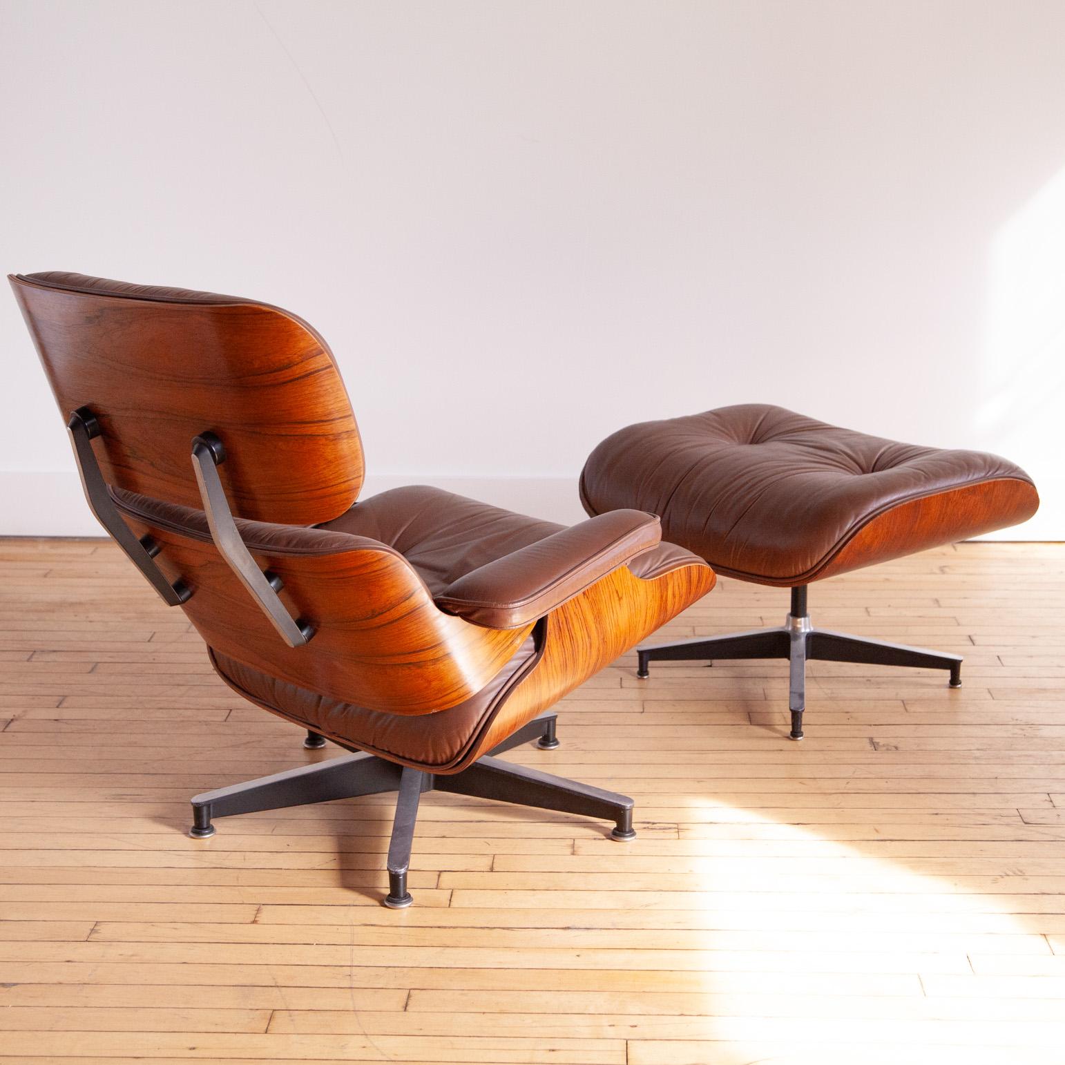 Eames Lounge Chair and Ottoman Rosewood and Brown Leather For Sale 2