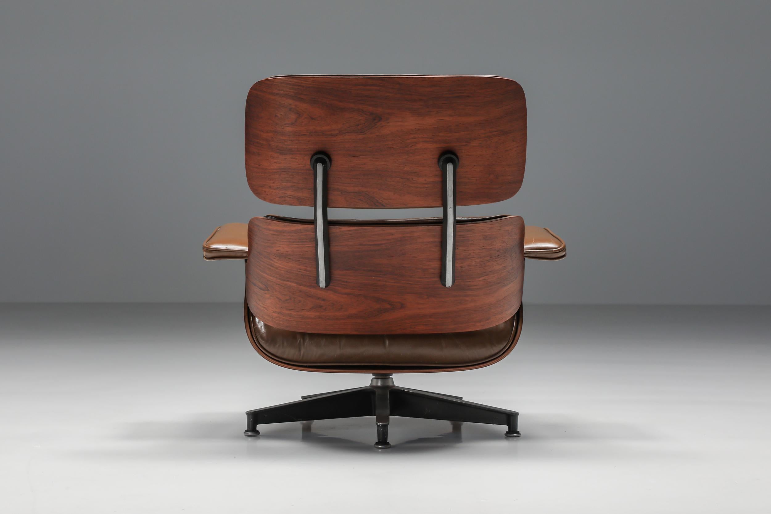 Mid-Century Modern Eames Lounge Chair in Brown with Ottoman for Herman Miller, 1960's
