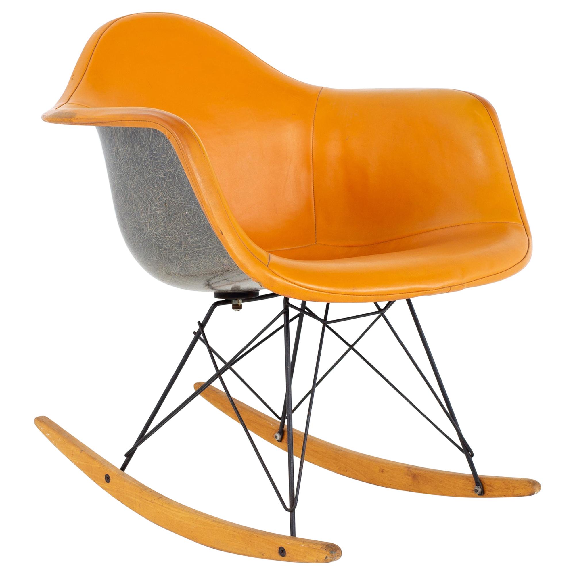 Charles Eames for Herman Miller Mid Century Orange Fiberglass Shell Rocking Chai