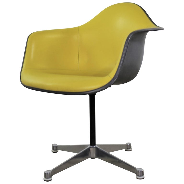 Eames PAC Yellow Padded Swivel Armchair w/Gray Fiberglass Shell & Aluminum Base For Sale