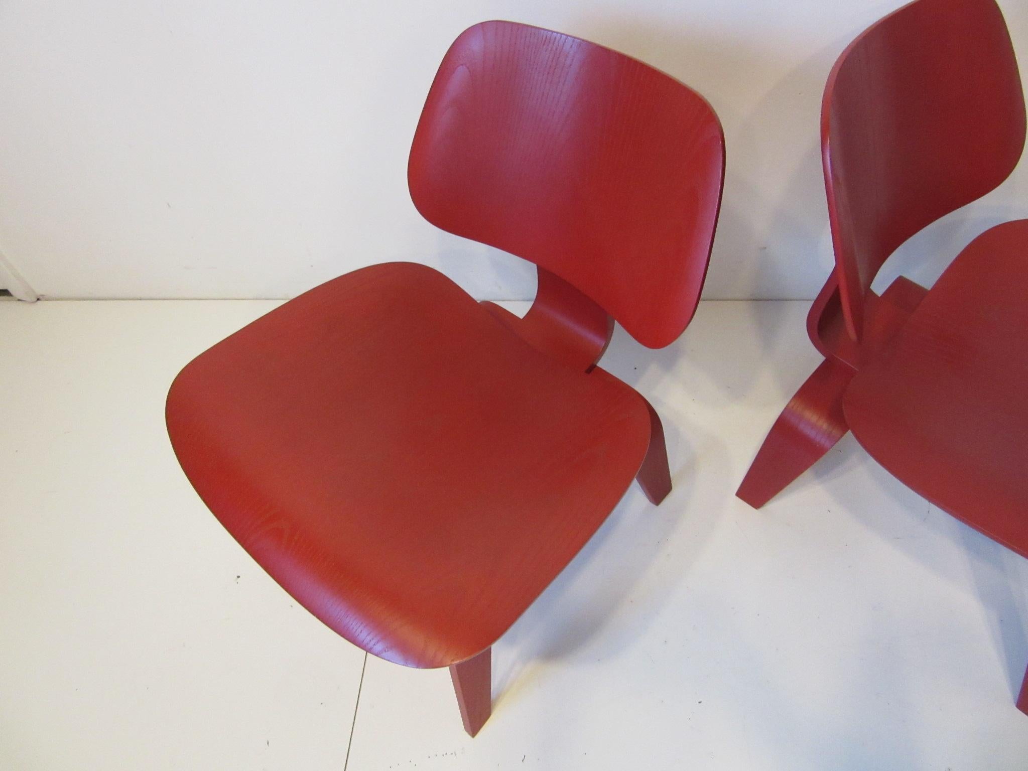 Contemporary Eames Red LCW Lounge Chairs for Herman Miller