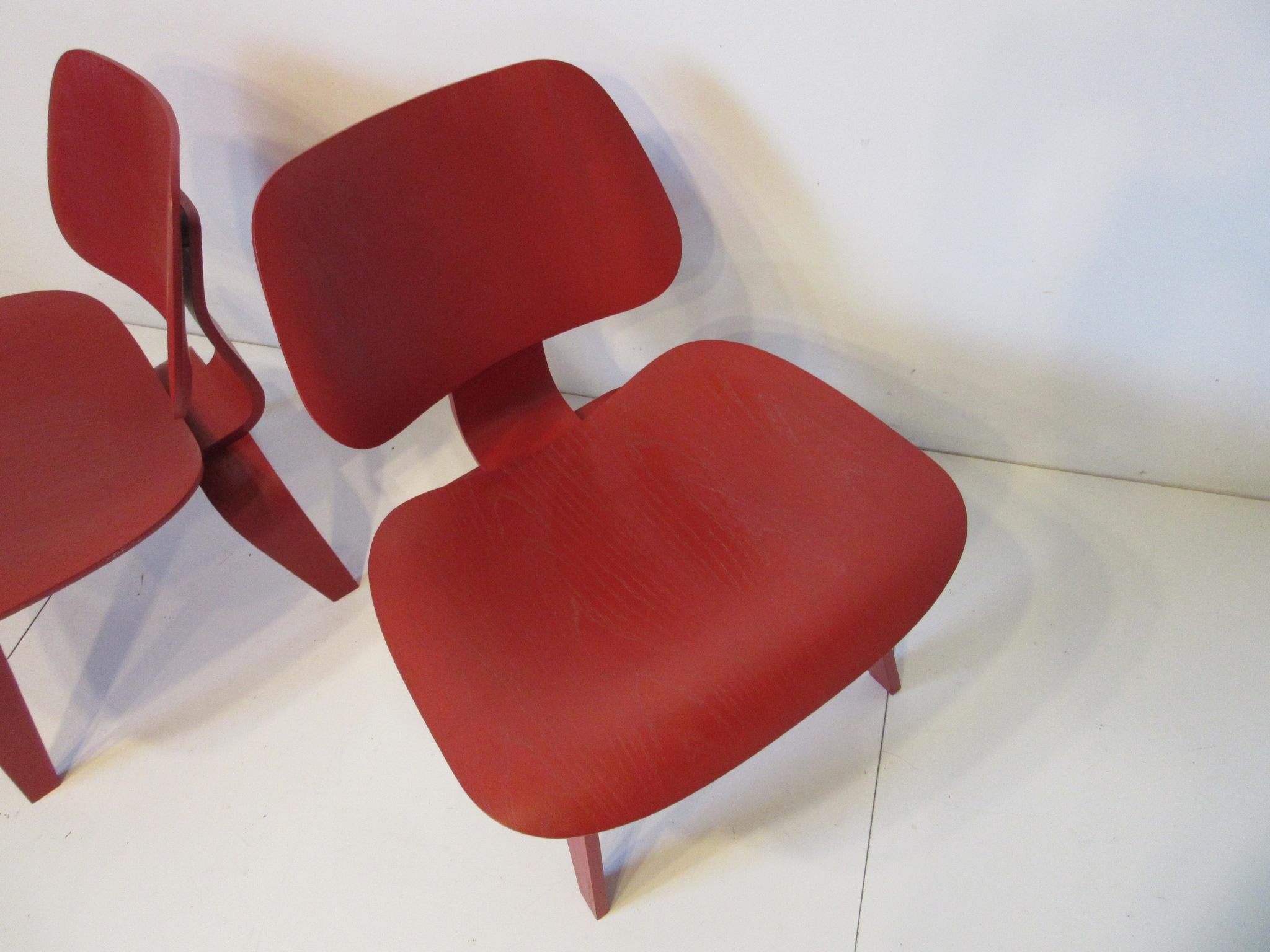 Wood Eames Red LCW Lounge Chairs for Herman Miller