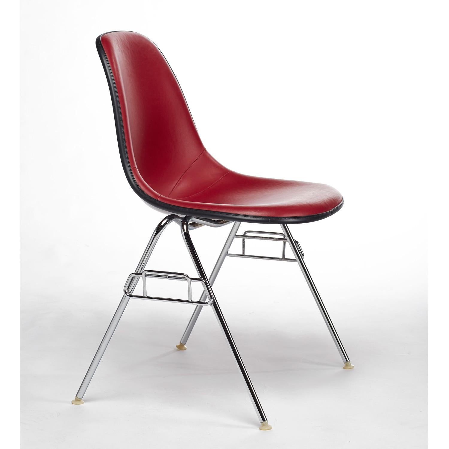 Late 20th Century Eames Red Padded Vinyl Molded Fiberglass Shell Chairs by Herman Miller, 1980s