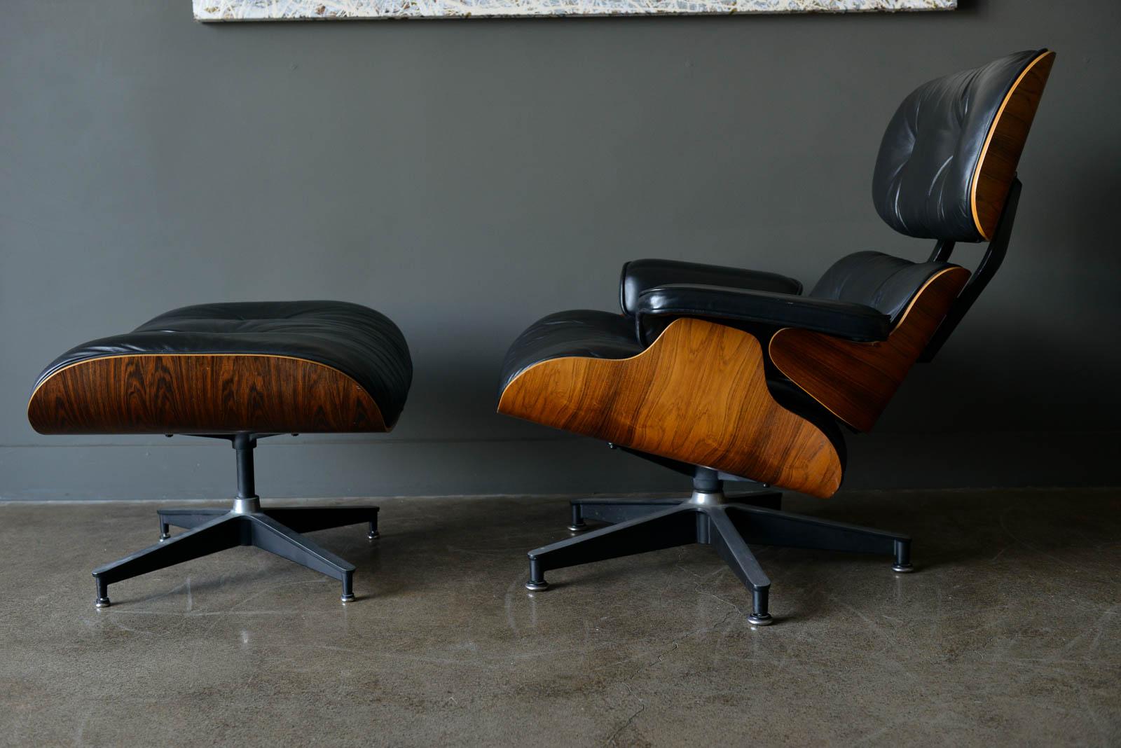 Charles Eames for Herman Miller Rosewood 670 Lounge Chair and 671 Ottoman, ca. 1971. Beautiful rosewood grain with original black leather cushions in very good original condition. Classic and always a favorite, the black leather compliments the
