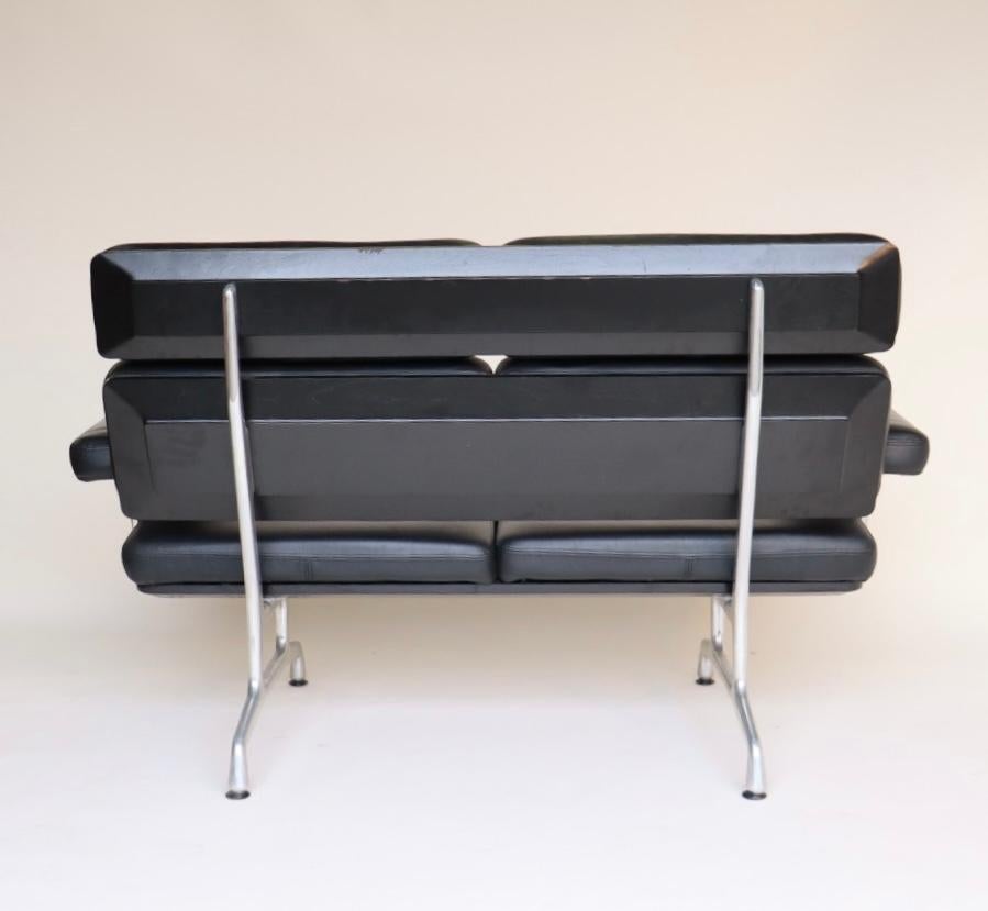 Mid-Century Modern Eames Sofa in Black Leather and Black Lacquer by Herman Miller
