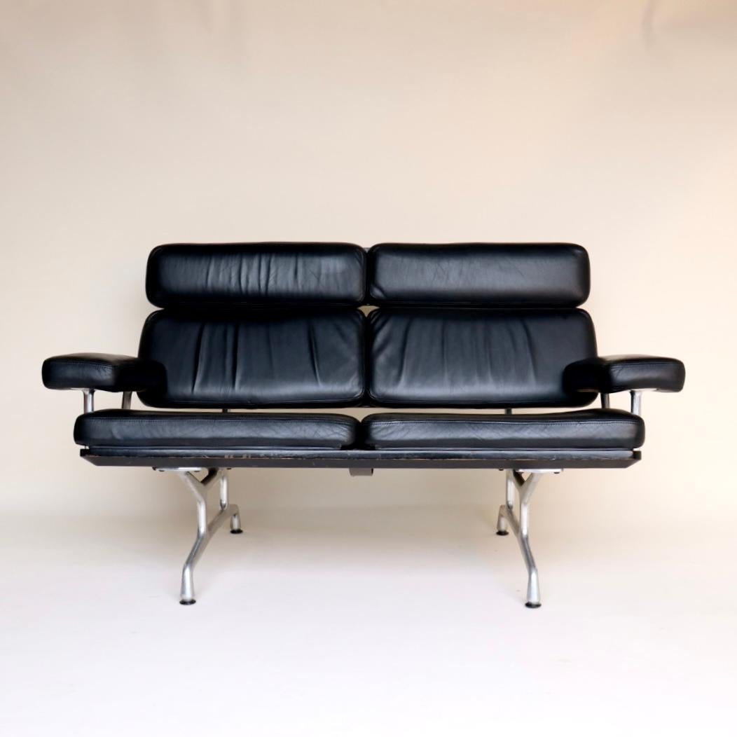 Aluminum Eames Sofa in Black Leather and Black Lacquer by Herman Miller