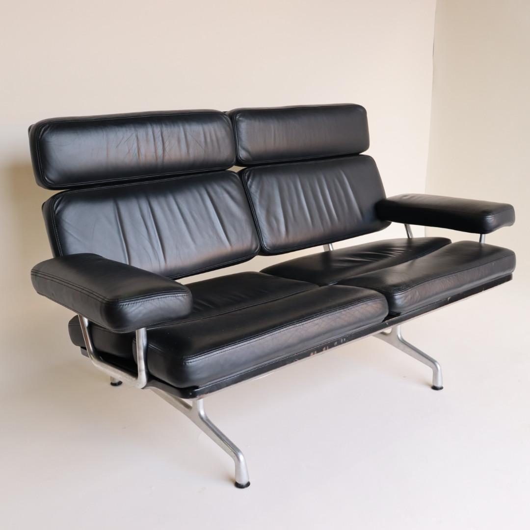 Eames Sofa in Black Leather and Black Lacquer by Herman Miller 1