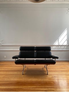 Eames Sofa Produced by Herman Miller in Black Leather, Walnut and Aluminum