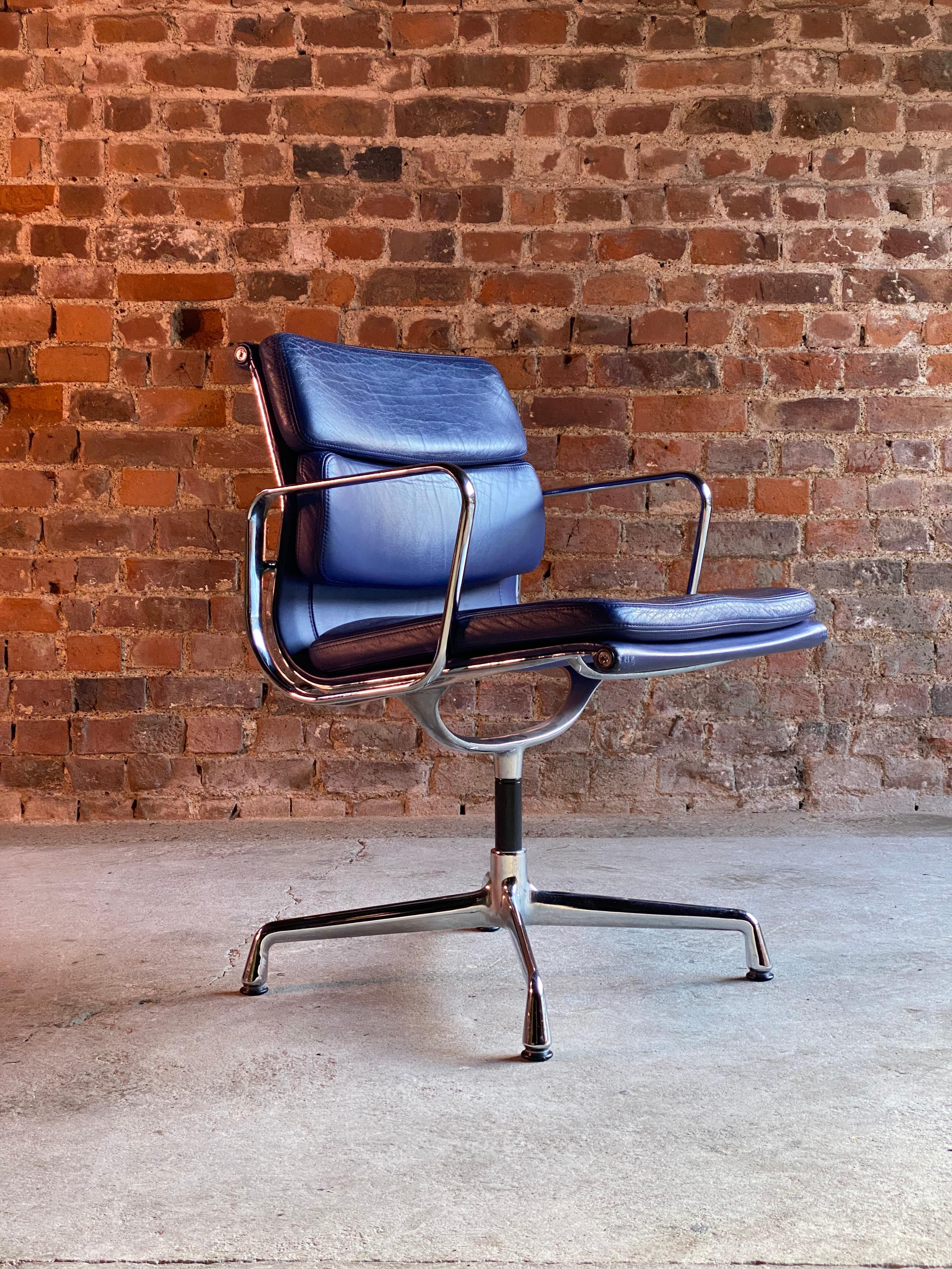 Eames Soft Pad Group EA208 by Vitra Charles & Ray Eames, circa 2000

Eames Soft Pad Chair EA 208 by Vitra, this is a swivel version in blue leather raised on chrome base, the leather shows signs of use but with no tears or rips, a beautiful chair