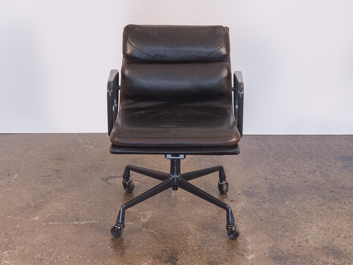 Eames soft pad management swivel chair for Herman Miller. The ultimate desk chair that delivers function and comfort. Known for their seat cushions, our vintage example is incredibly plush. The cushions retain their plump, robust influence and are