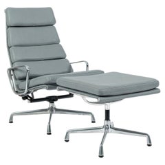 Eames Soft Pad Recliner with Ottoman, Herman Miller, Gray Leather Aluminum Group