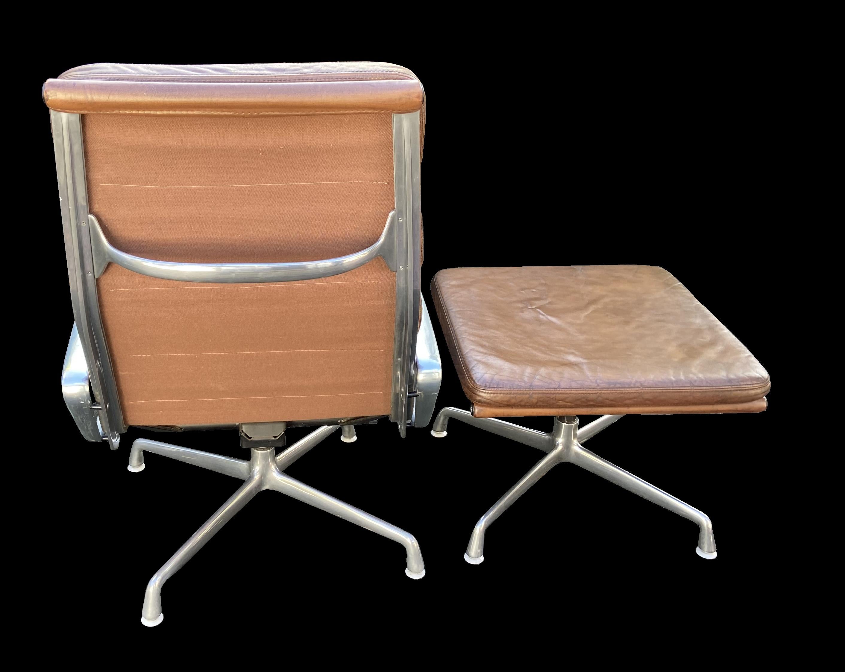 Mid-Century Modern Eames Softpad Lounge Chair and Ottoman EA 222 & EA 223 in Brown Leather