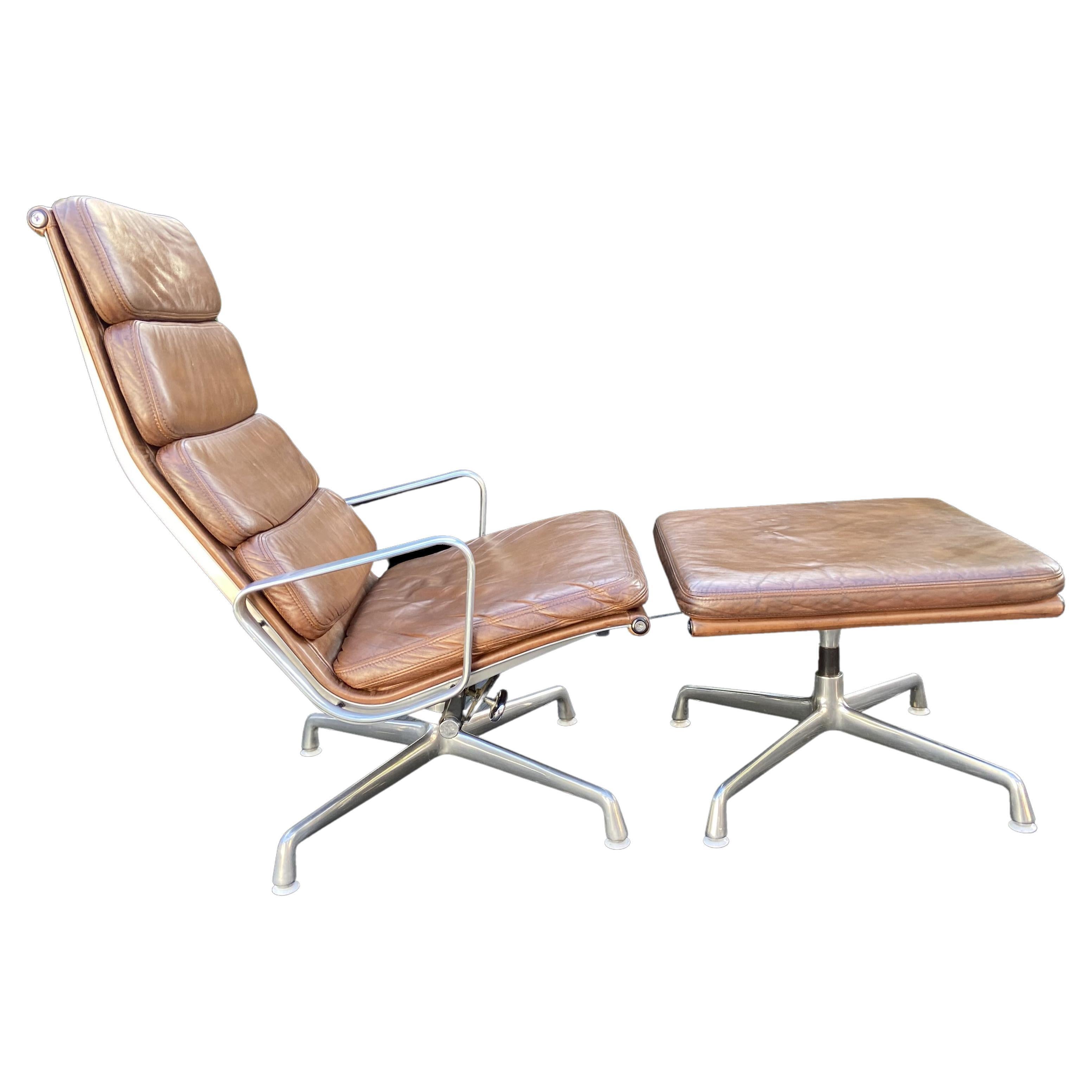 Eames Softpad Lounge Chair and Ottoman EA 222 & EA 223 in Brown Leather