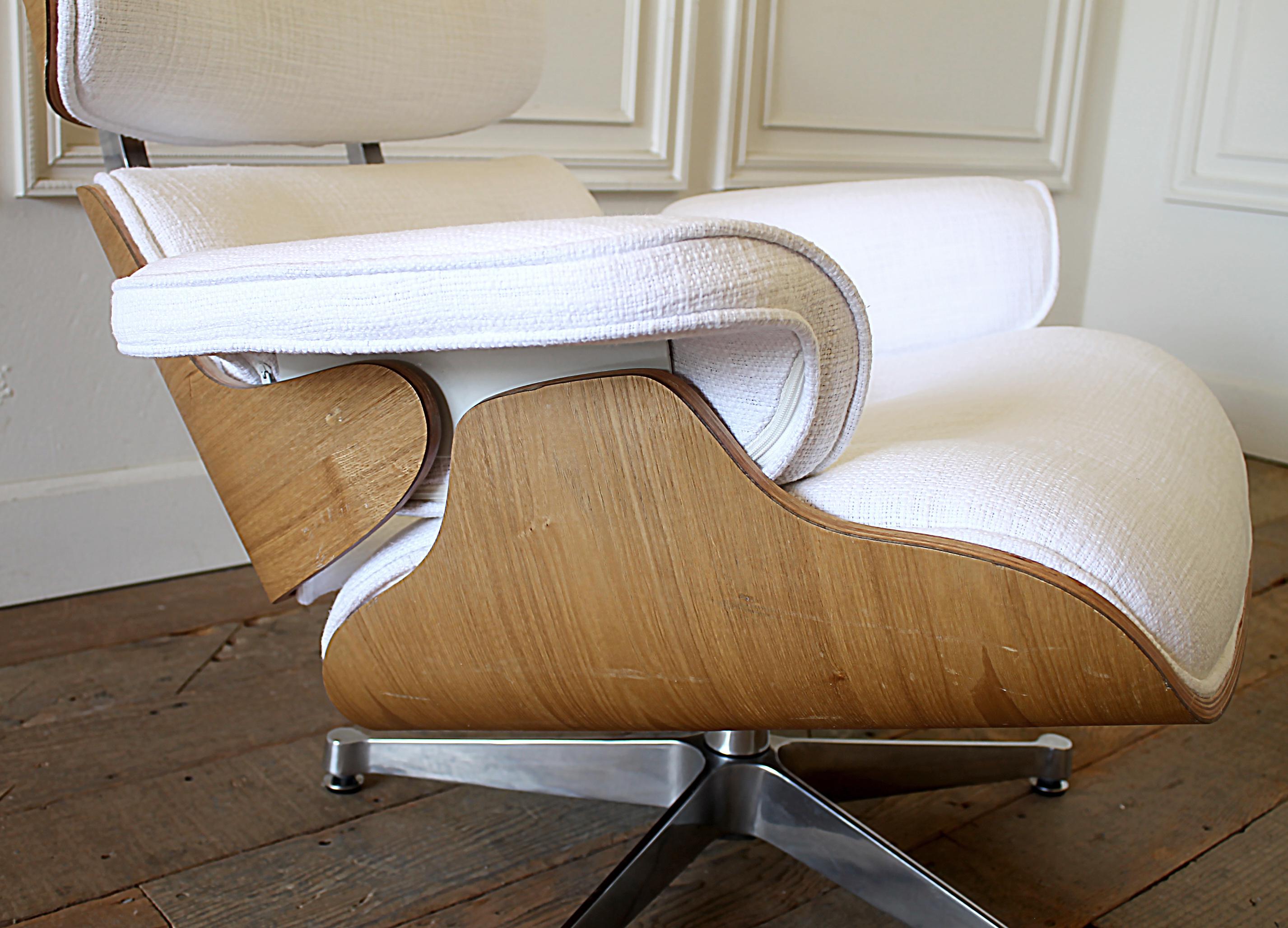 Eames Style Chair and Ottoman in Coated White Linen Blend Upholstery 2