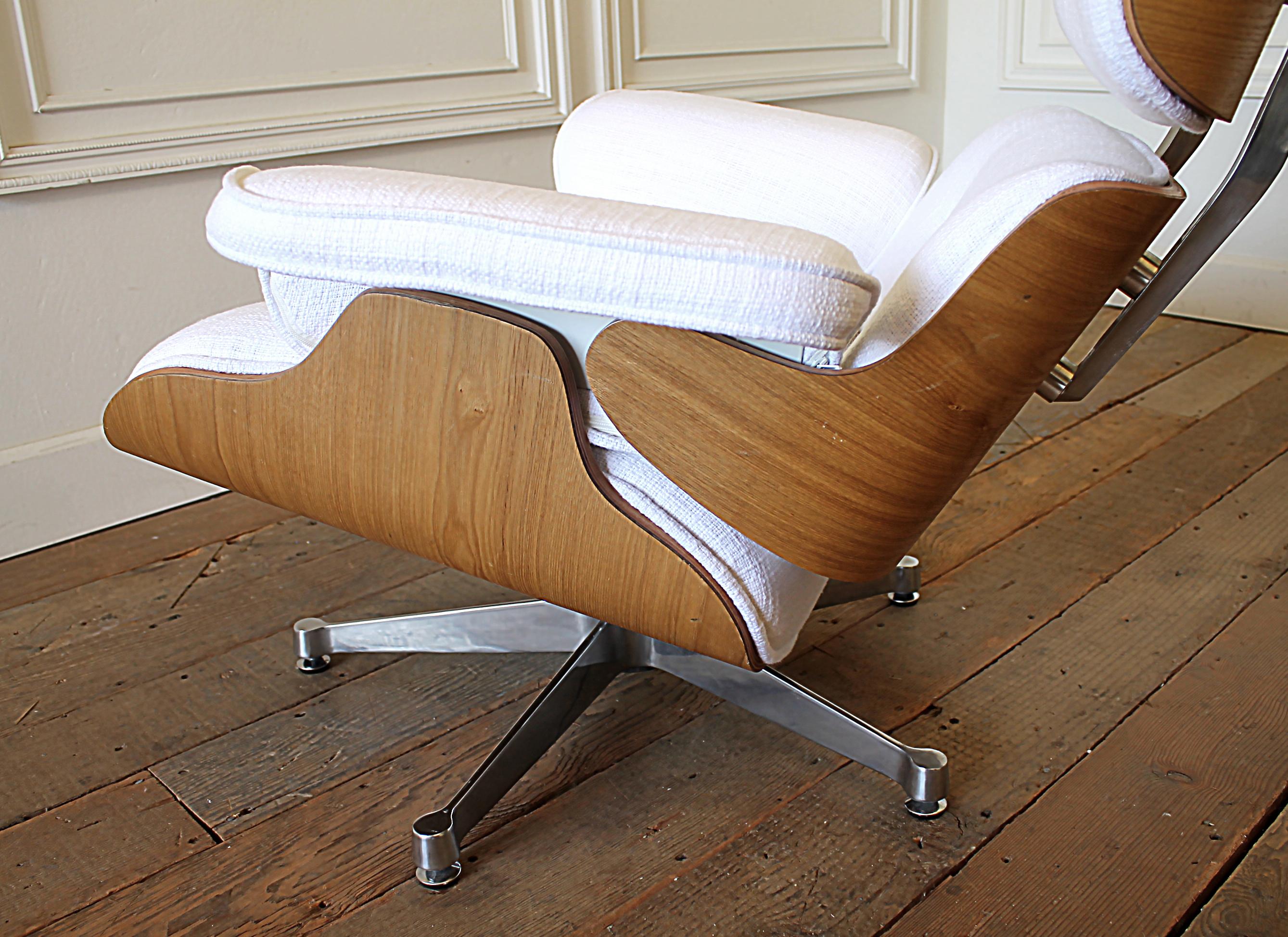 Eames Style Chair and Ottoman in Coated White Linen Blend Upholstery 5