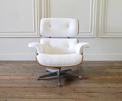 Eames Style Chair and Ottoman in Coated White Linen Blend Upholstery