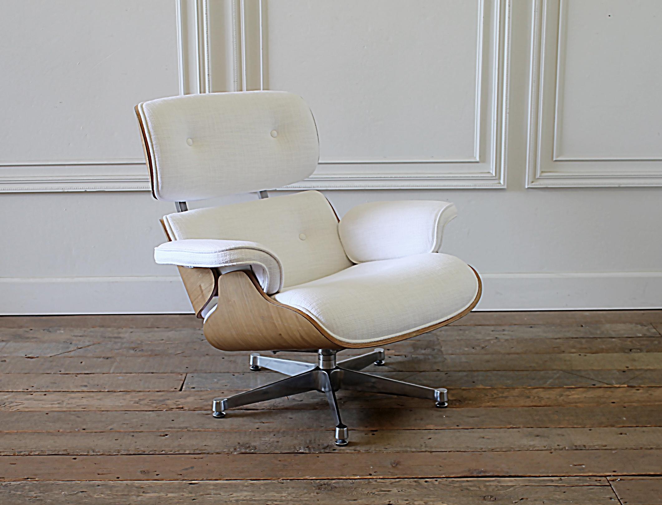 Mid-Century Modern Eames Style Chair and Ottoman in Coated White Linen Blend Upholstery