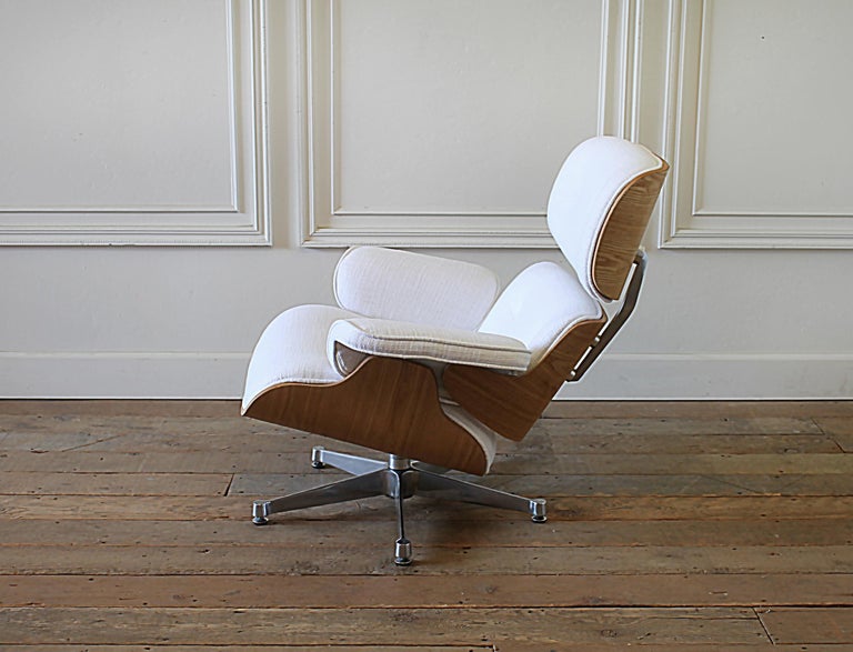 Eames Style Chair and Ottoman in Coated White Linen Blend Upholstery at