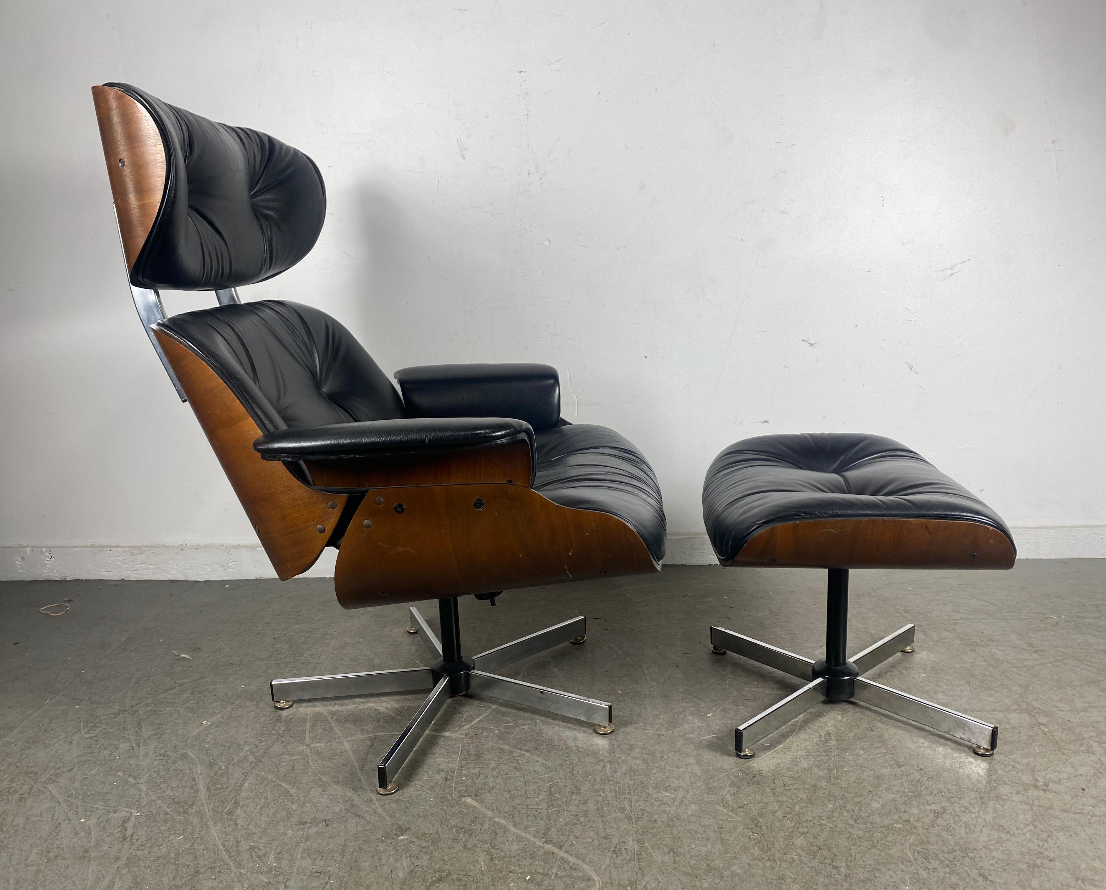 American Eames Style Lounge Chair and Ottoman, Leather, Plycraft, Classic Modernist