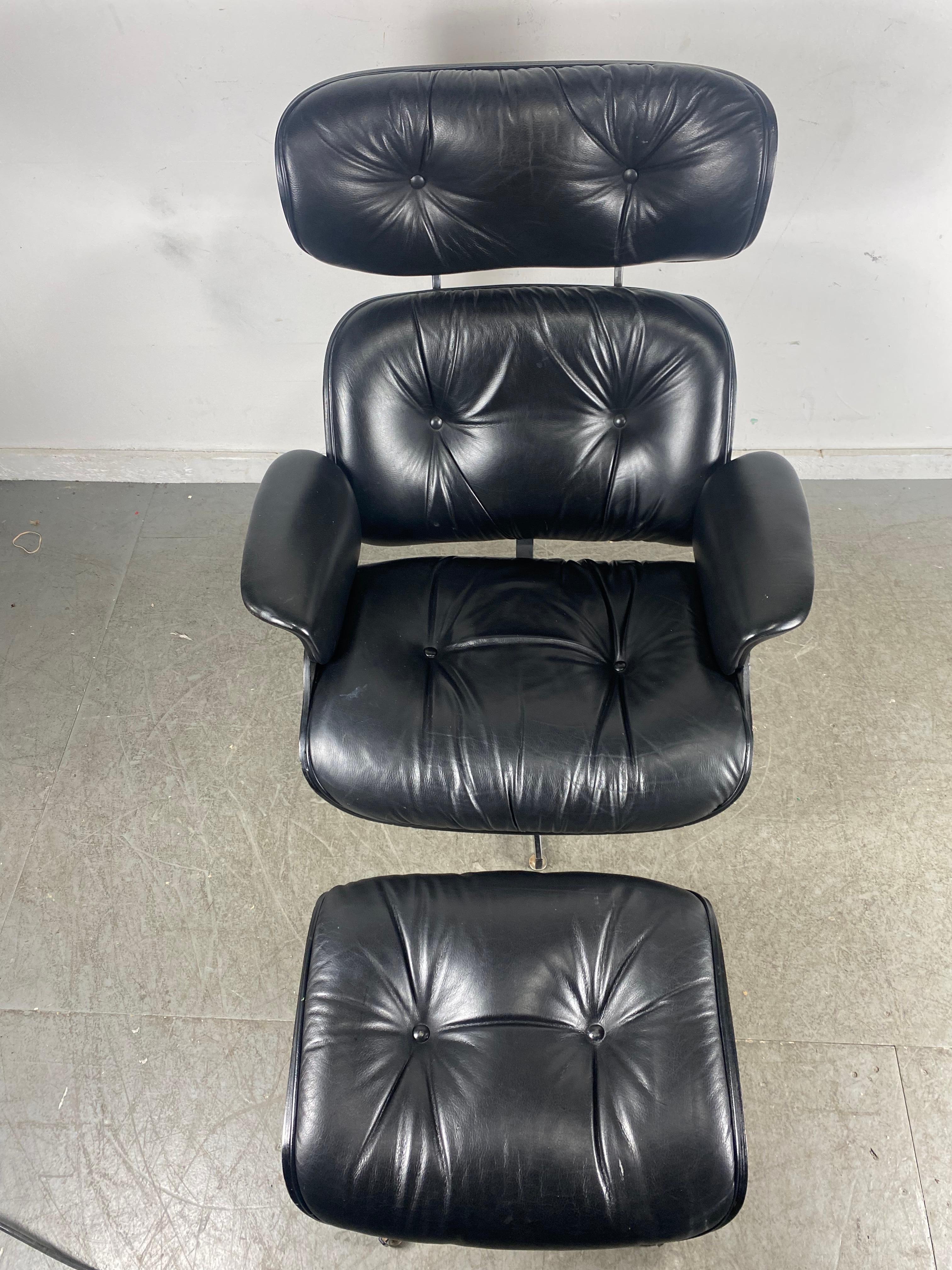Late 20th Century Eames Style Lounge Chair and Ottoman, Leather, Plycraft, Classic Modernist