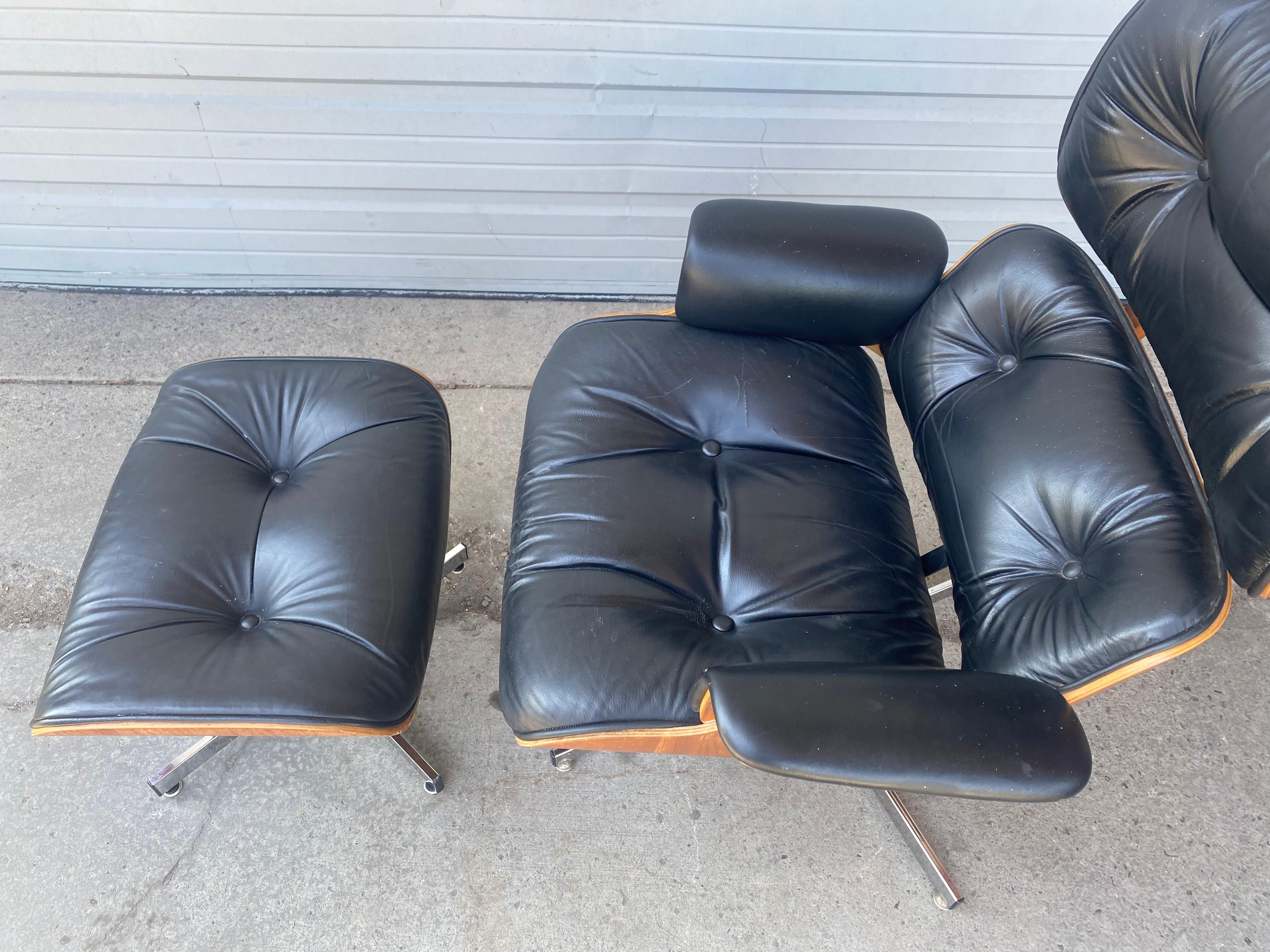 Late 20th Century Eames Style Lounge Chair and Ottoman, Leather, Plycraft, Classic Modernist