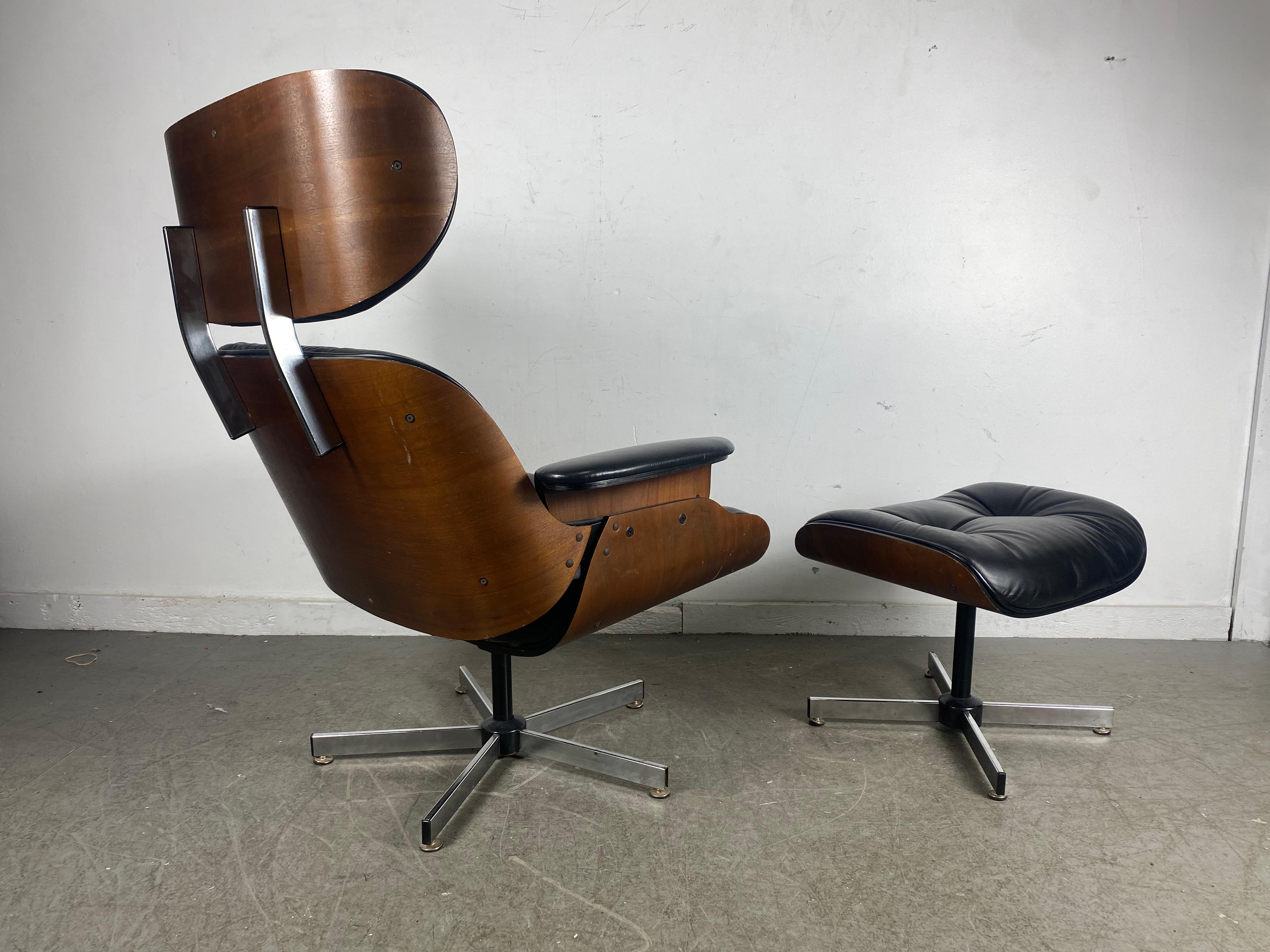 Eames Style Lounge Chair and Ottoman, Leather, Plycraft, Classic Modernist 2