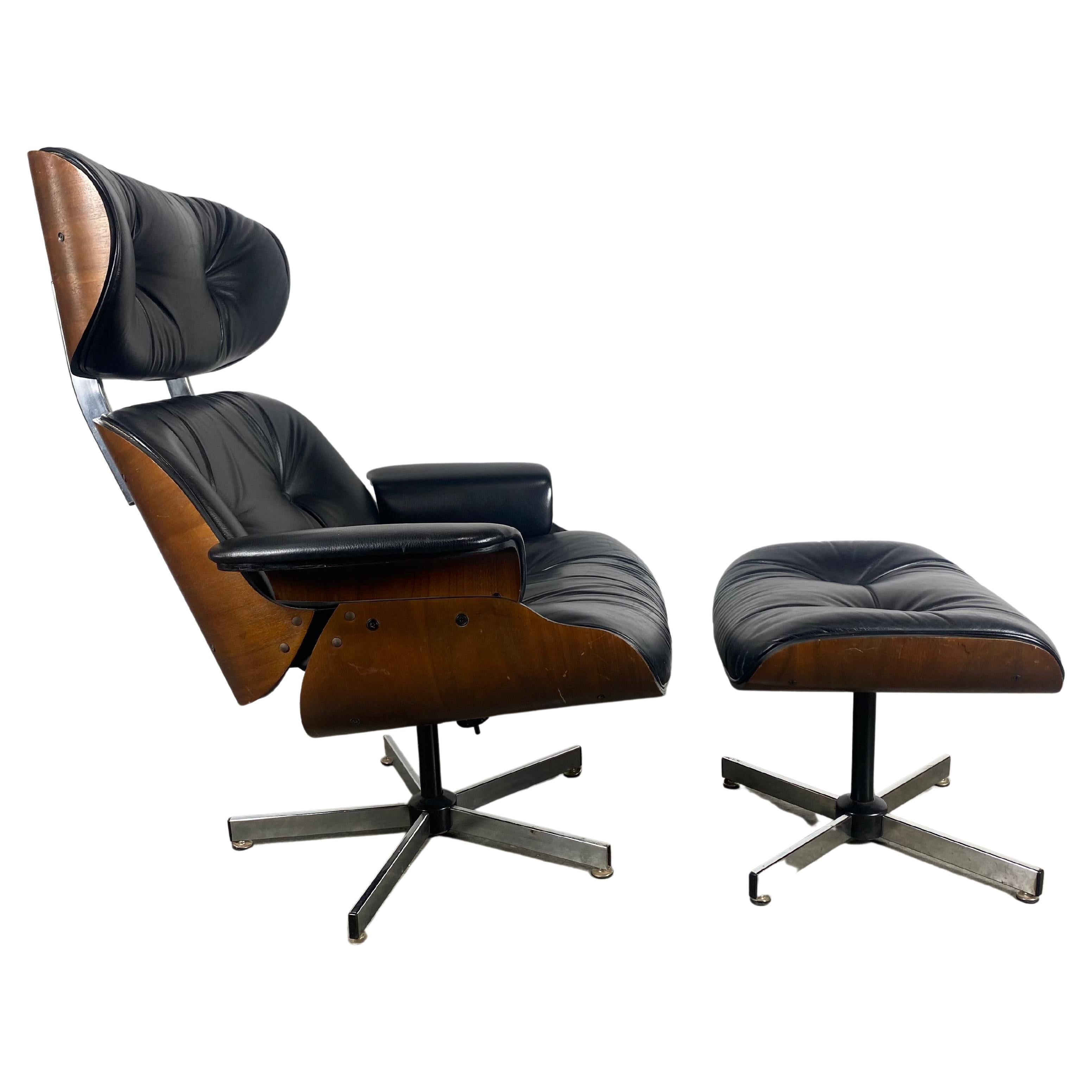Eames Style Lounge Chair and Ottoman, Leather, Plycraft, Classic Modernist