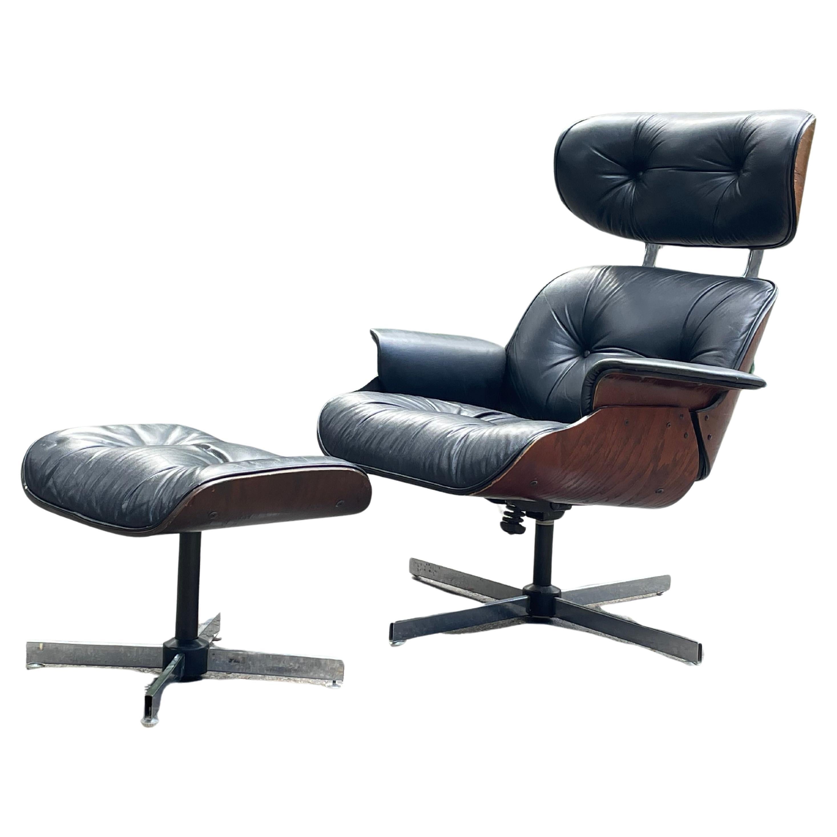 Américain Plycraft Lounge Chair & Ottoman en cuir  en vente