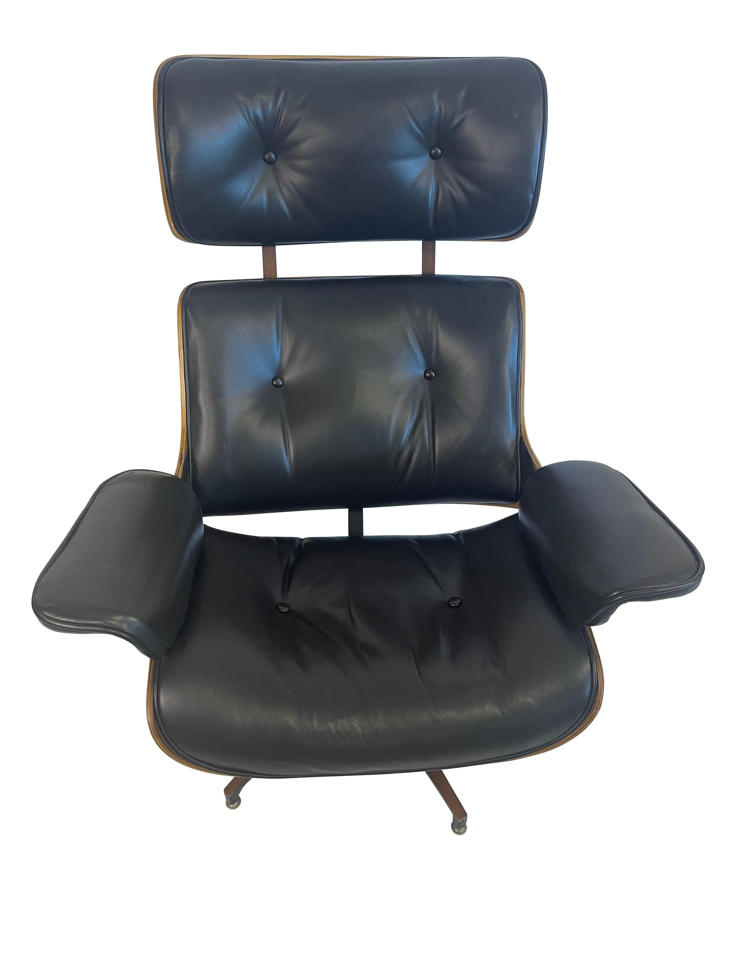 George Mulhauser designed Plycraft walnut and Italian leather lounge chairs and ottomans, bent stacked laminated plywood swivel tilting walnut lounge chairs, and ottomans in the style of Eames. They are in excellent condition and professionally