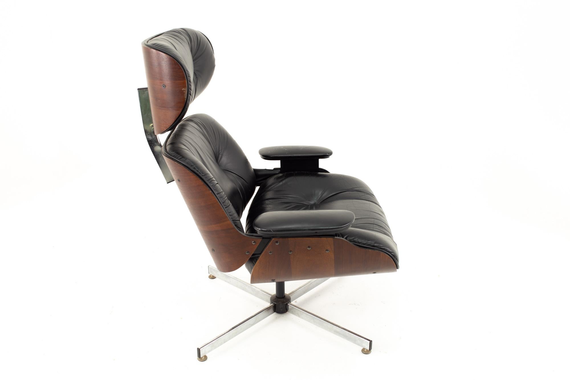 American Eames Style Plycraft MCM Walnut and Italian Leather Lounge Chair and Ottoman
