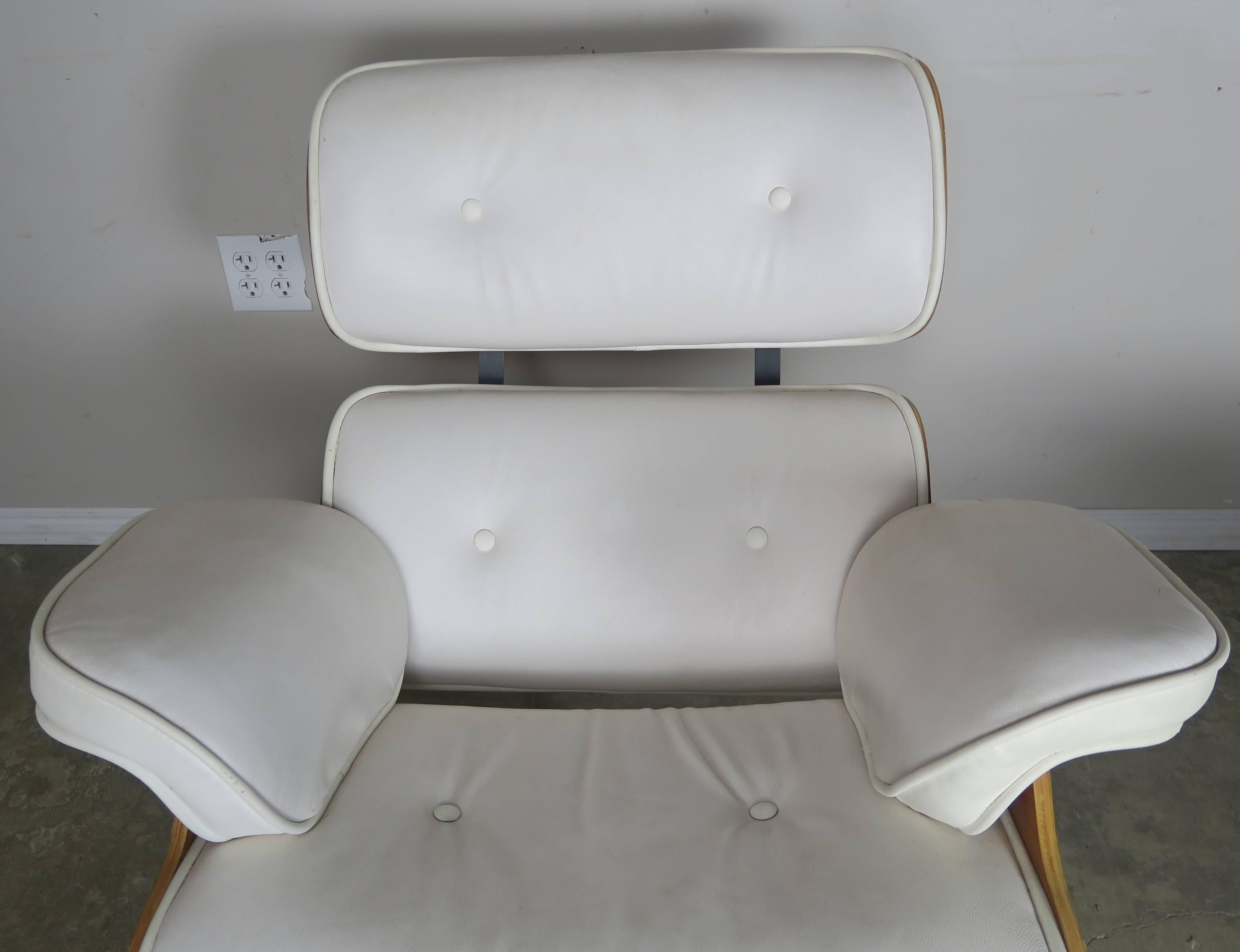 American Eames Style White Leather Chair and Ottoman