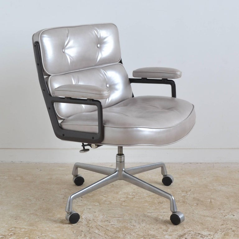 Aluminum Eames Time-Life Chair by Herman Miller with Silver Leather