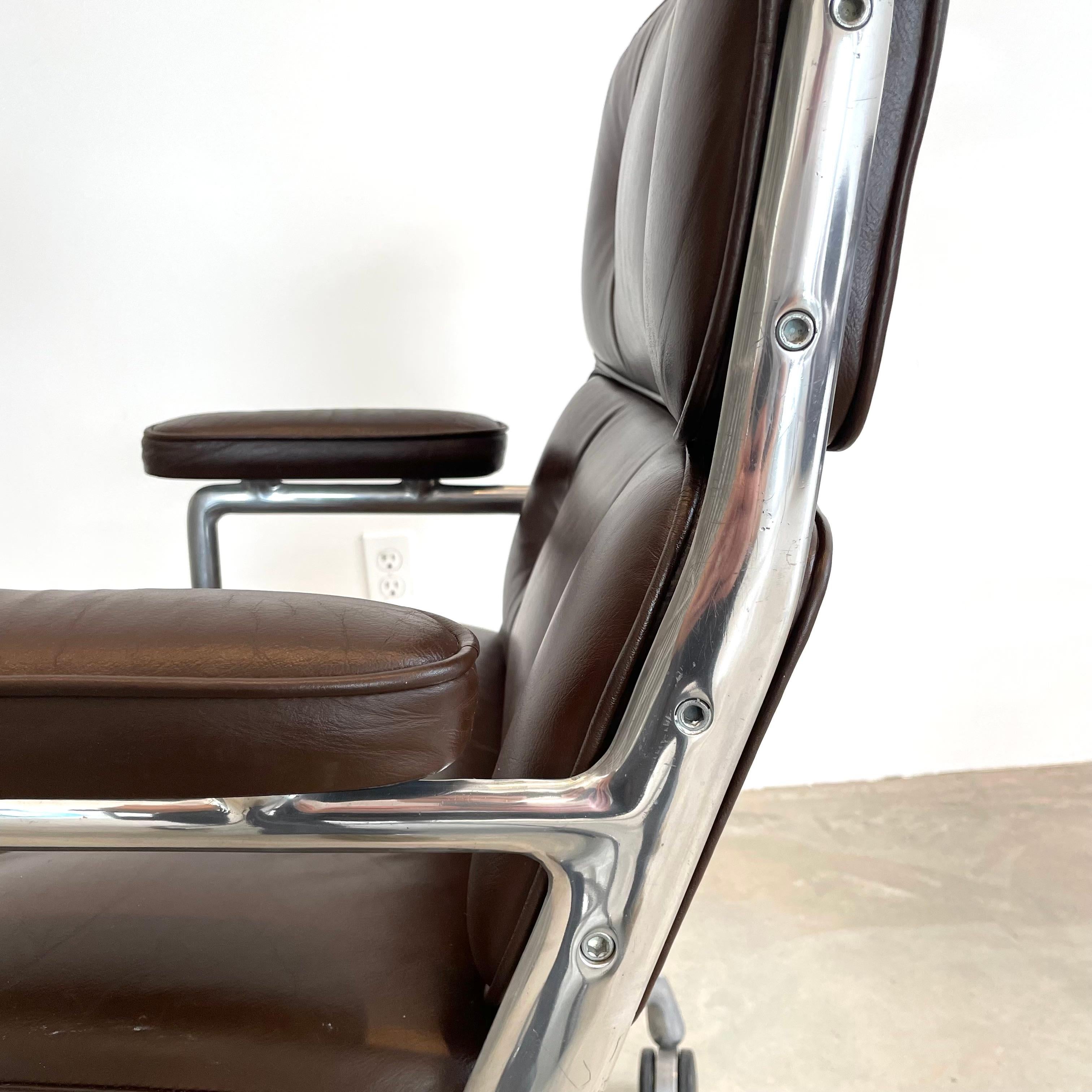 Aluminum Eames Time Life Chair in Chocolate Leather for Herman Miller, 1978 USA For Sale