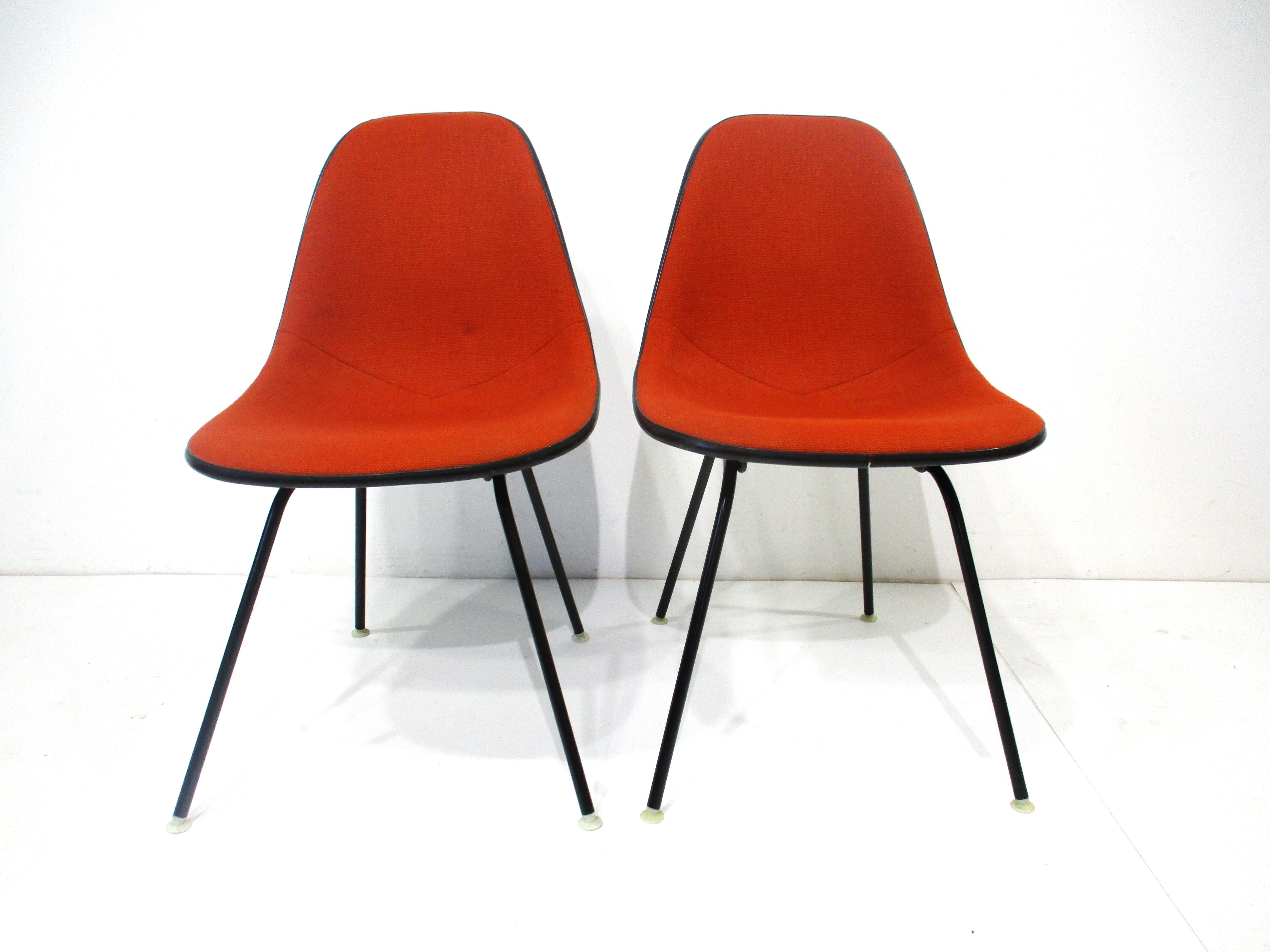 20th Century Eames Upholstered H Based Side Chairs for Herman Miller Pair For Sale