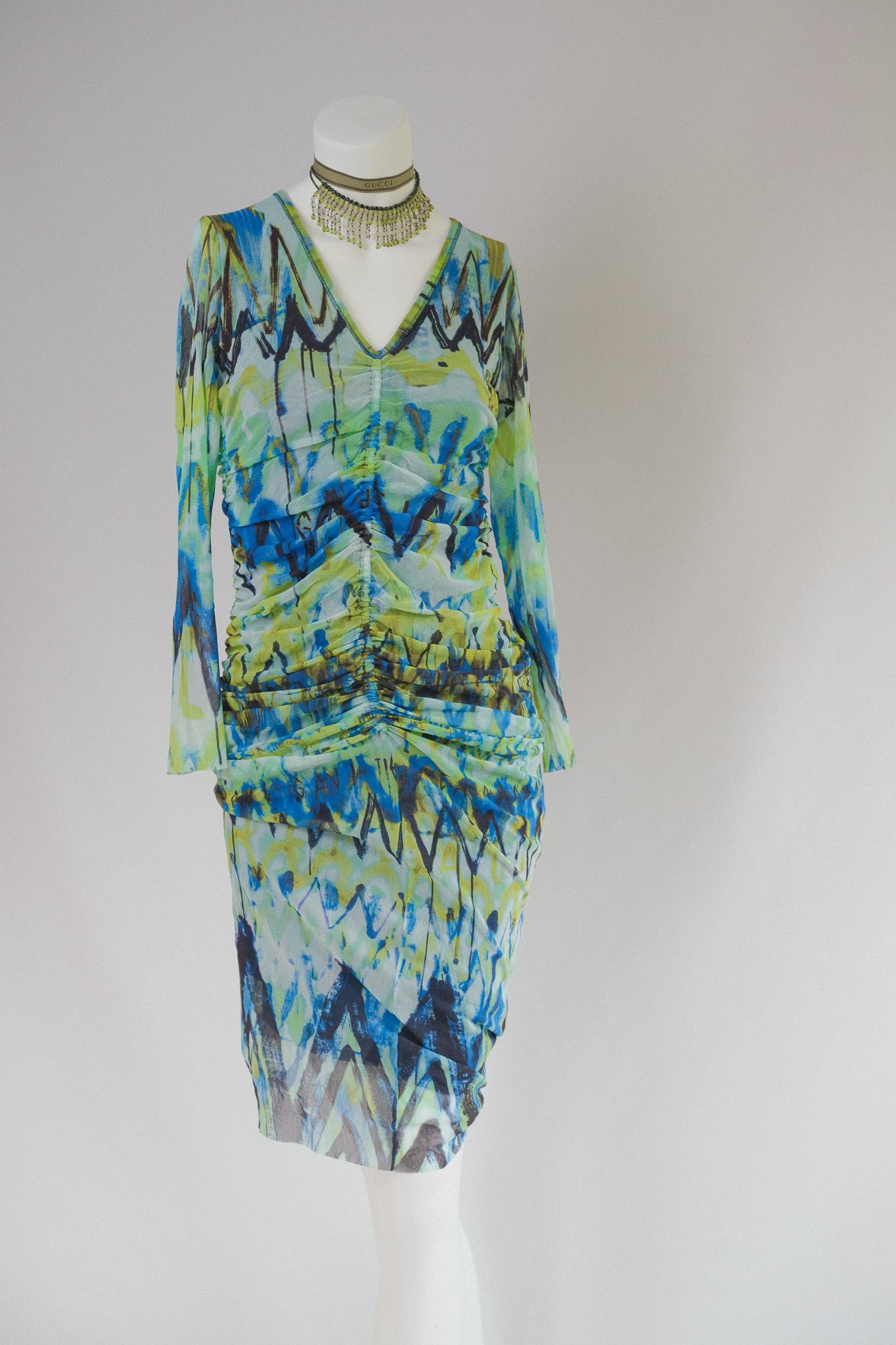 Phenomenal Jean Paul Gaultier 90s Micro Mesh Dress 
Acid Lime Green Zig Zag spray paint vibes fitted ruched midi finish

ICONIC
perfect for any occasion. 
Stand out from any crowd. 

tag size XL but Would fit a lot of bodies as has lots of fit and
