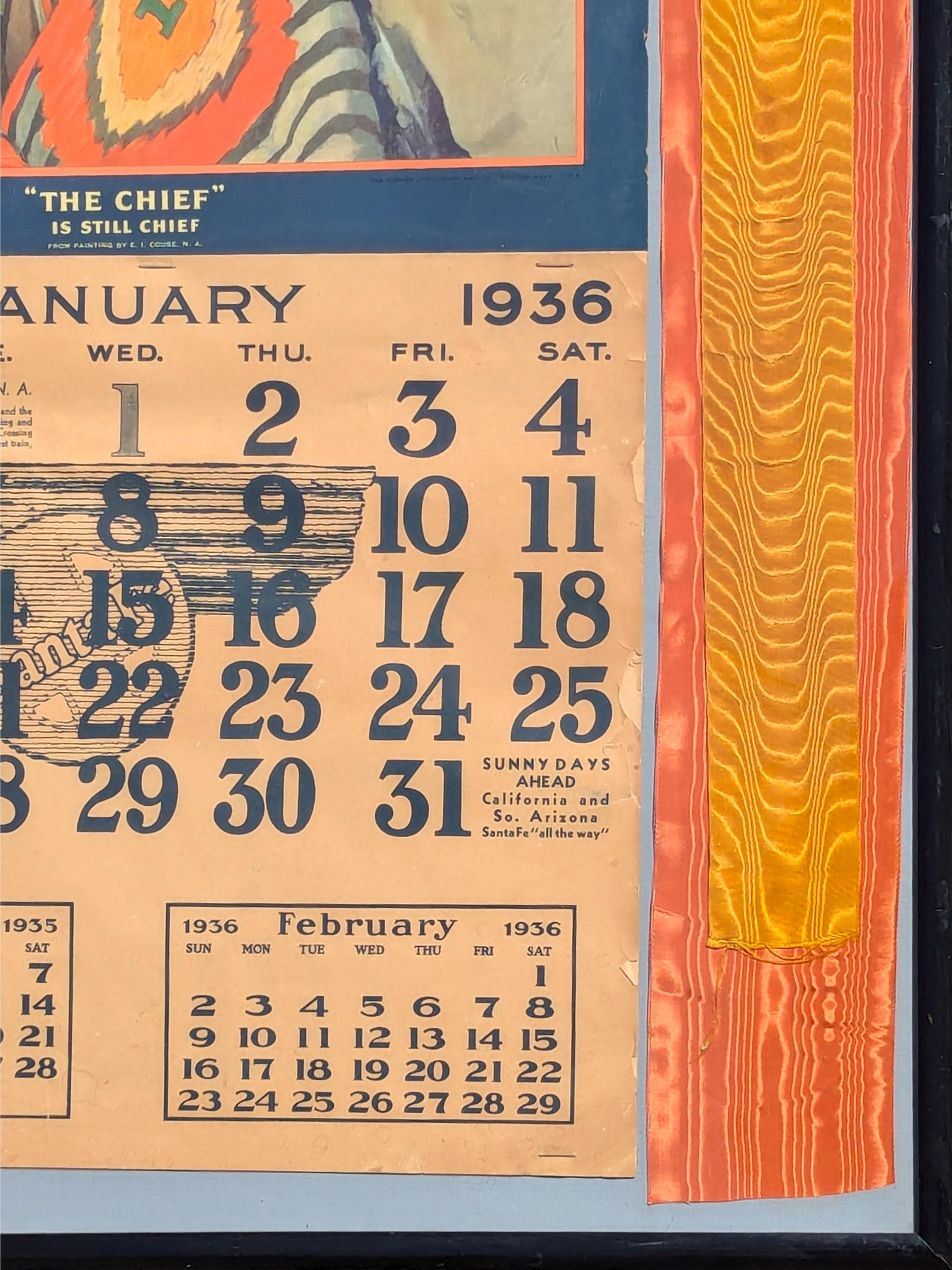 Early modern vintage Santa Fe Southwestern Indian Railroad 1936 calendar featuring the work of Eanger Irving Couse. 

The calendar features the note: “In his treatment of this strong Indian head, the typical ceremonial head-dress, and the fine old
