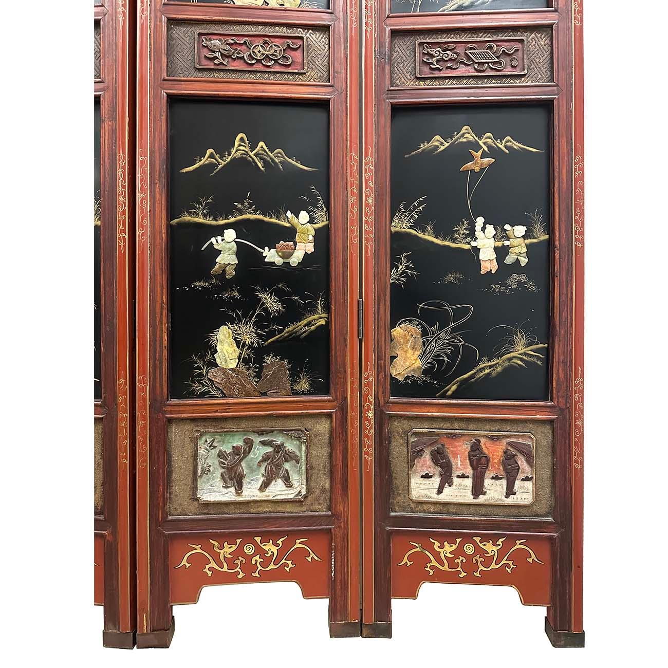 Paravent/diviseur de pièce en bois de feuillus chinois du début du 20e siècle avec incrustation de jade en vente 2