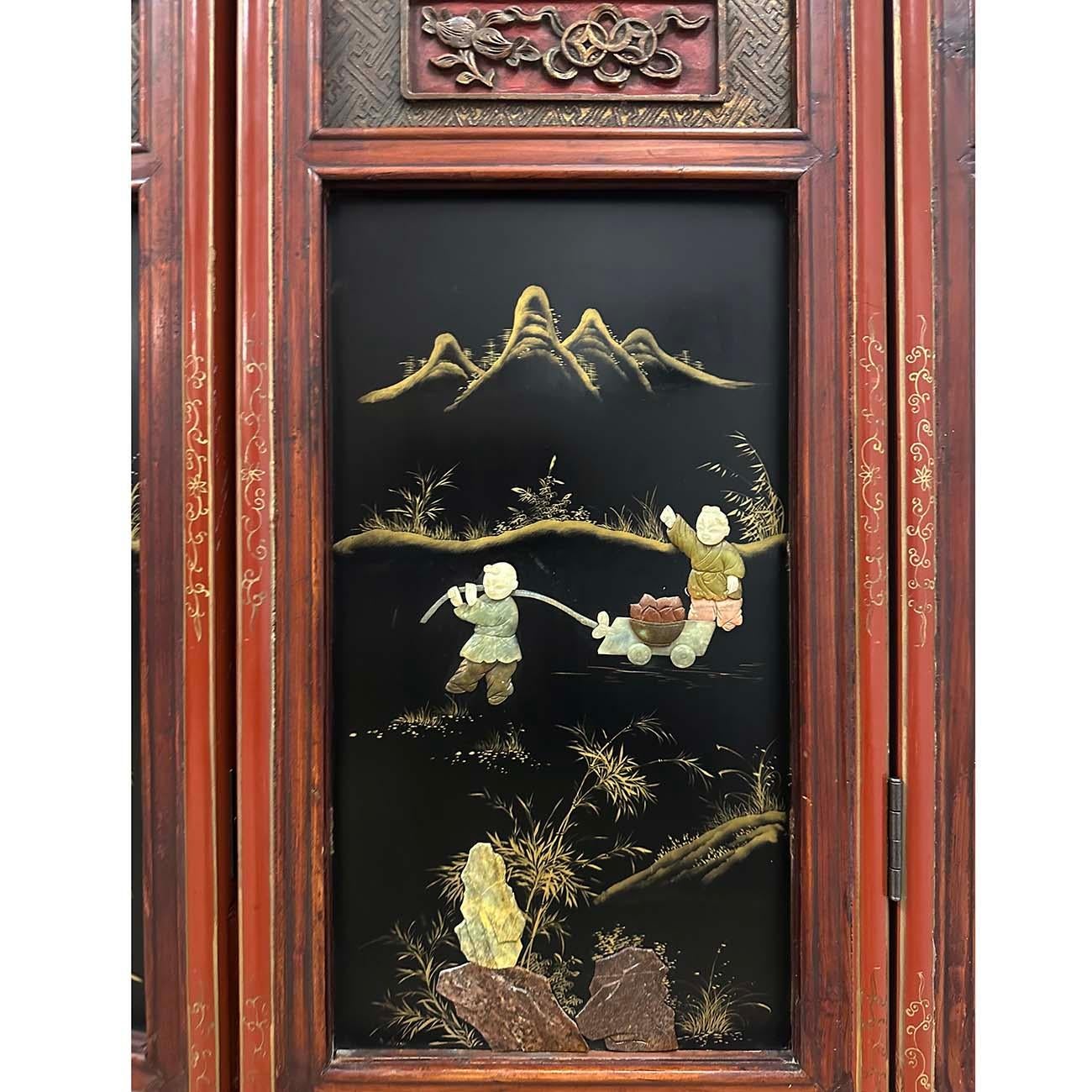 Paravent/diviseur de pièce en bois de feuillus chinois du début du 20e siècle avec incrustation de jade en vente 4