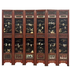 1920s Chinese Hand-Carved Hardwood Folding Screen with Jade Inlay