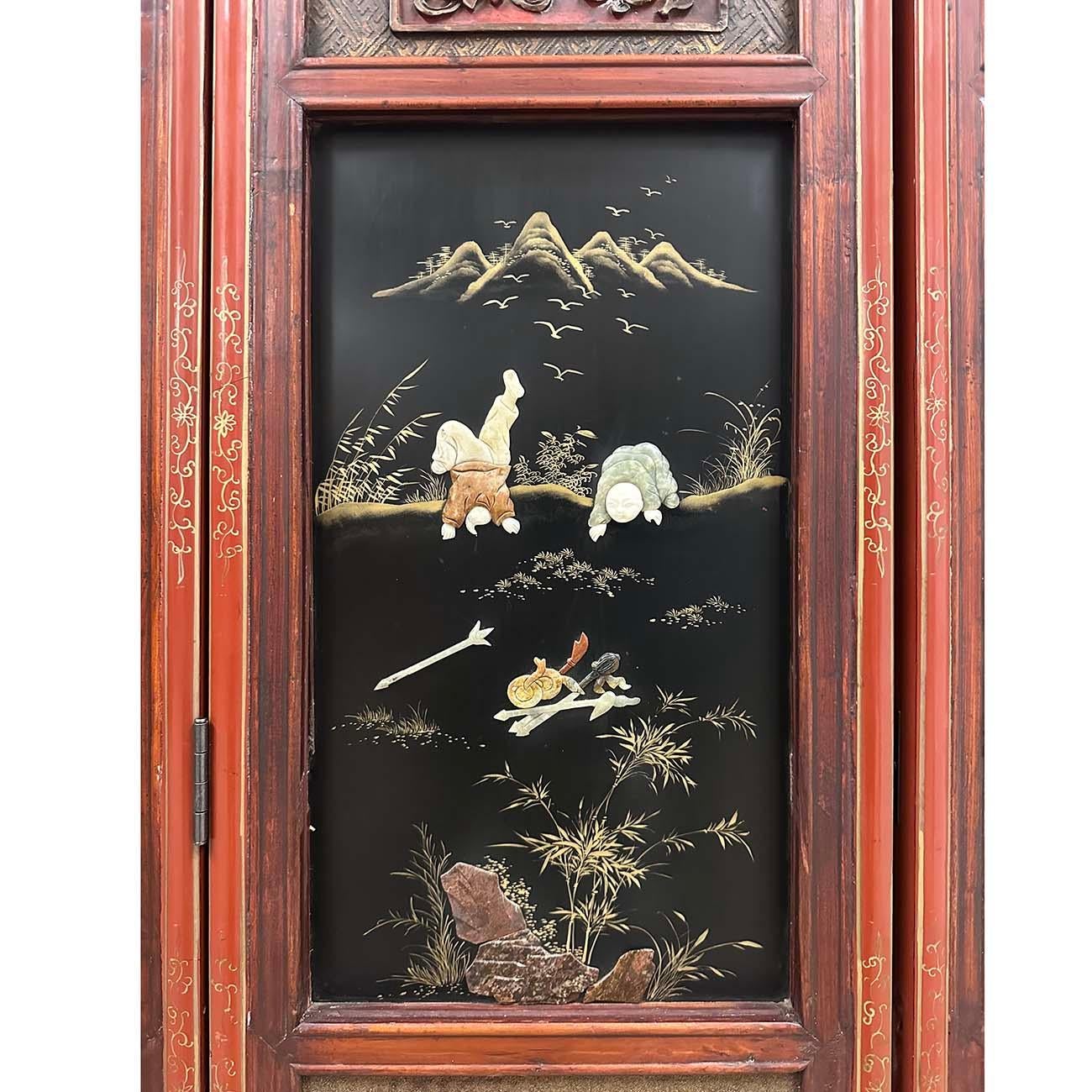 Bois de feuillus Paravent/diviseur de pièce en bois de feuillus chinois du début du 20e siècle avec incrustation de jade en vente