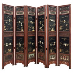 Ear-20th Century Chinese Hardwood Folding Screen/Room Divider with Jade inlay