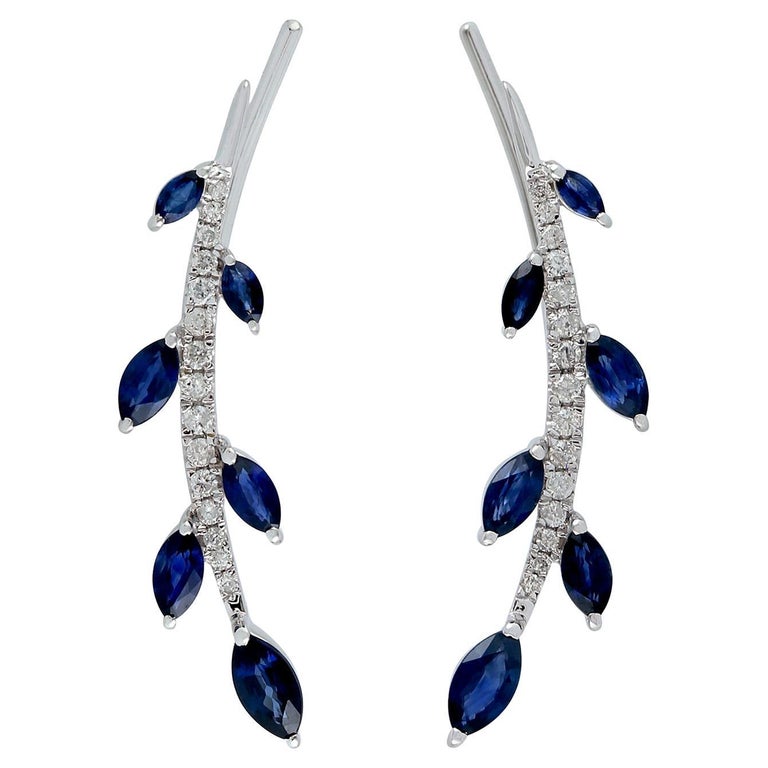 Ear Climber Natural Blue Sapphire and Diamond Earrings 18k White Gold For Sale at 1stDibs