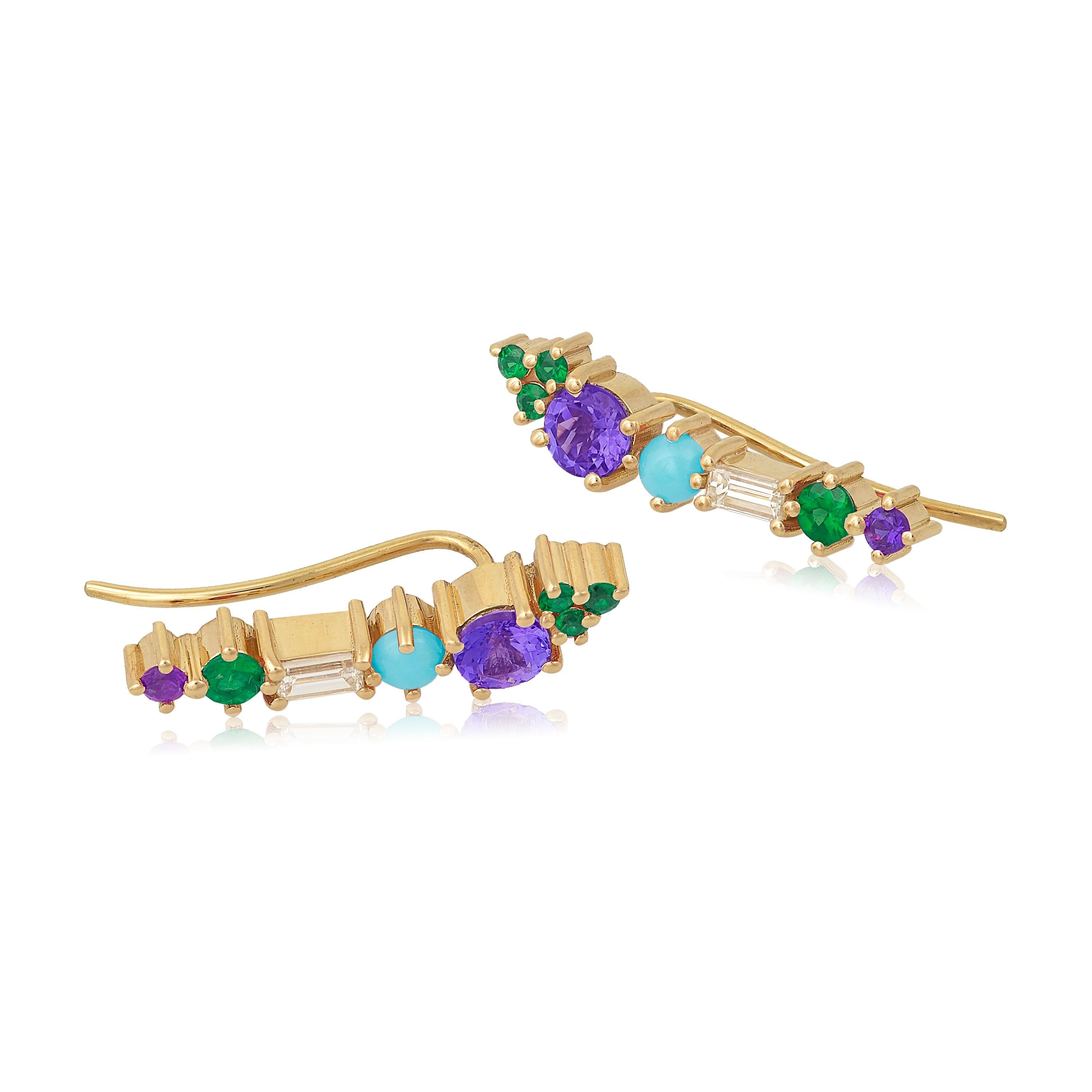 Designer: Alexia Gryllaki
Dimensions: L24x5mm
Weight: approximately 4.0g (pair)
Barcode: OFS050

Multi-stone ear climbers in 18 karat yellow gold with round faceted amethysts approx. 0.70cts, round faceted emeralds approx. 0.42cts, round cabochon
